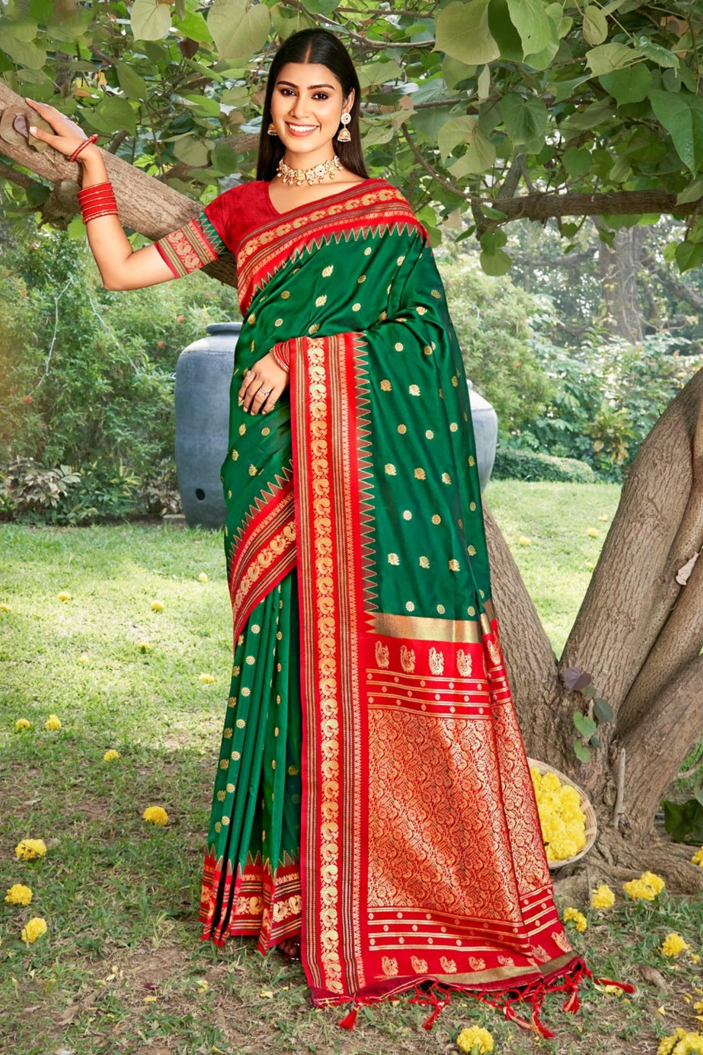 Buy MySilkLove Forest Green Banarasi Woven Soft Silk Saree Online