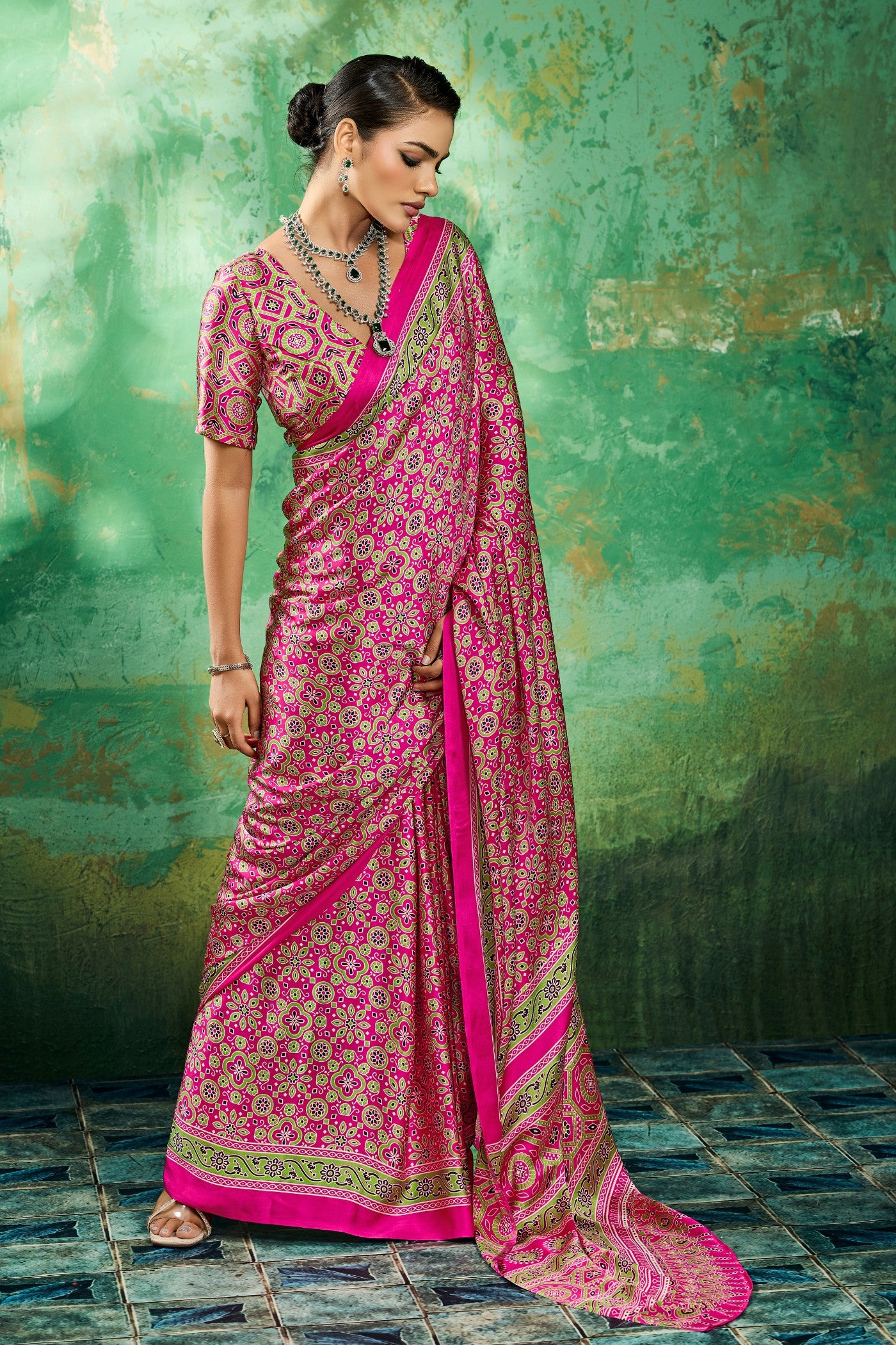 Buy MySilkLove Paradise Pink Modal Ajrakh Satin Printed Silk Saree Online