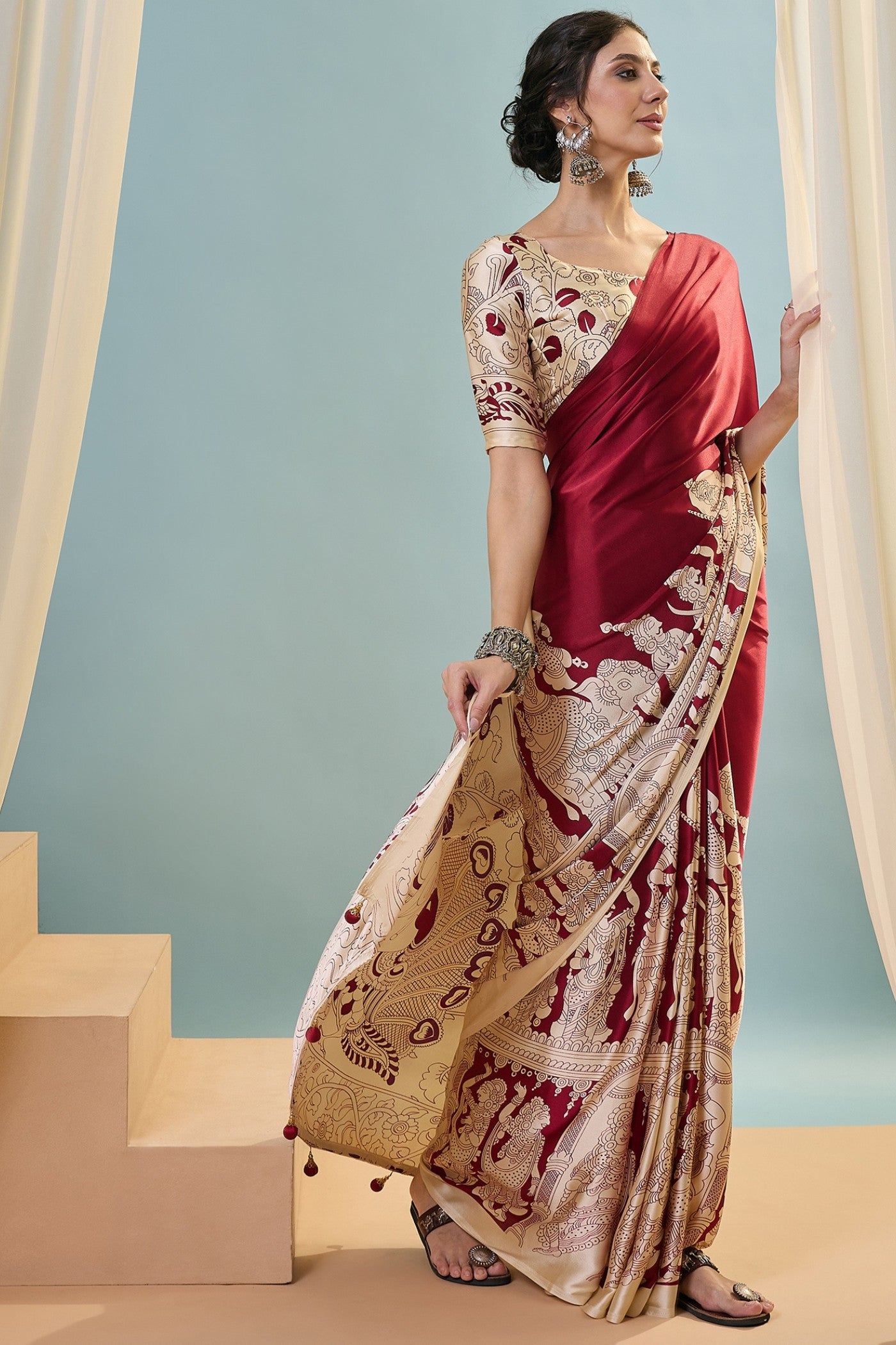 Buy MySilkLove Berry Red Ajrakh Printed Satin Crepe Silk Saree Online