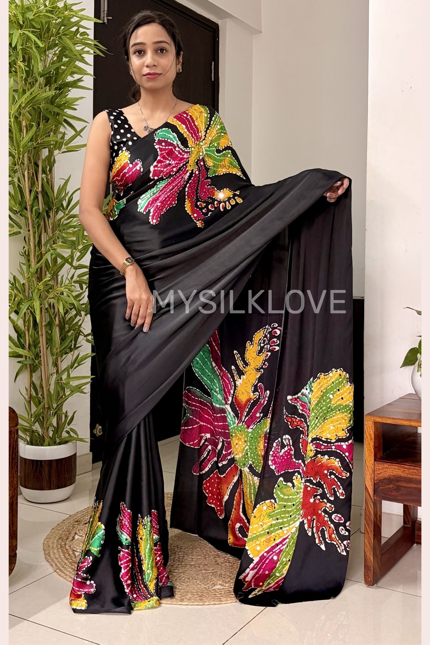 Buy MySilkLove Stone Black Bloom Floral Partywear Satin Silk Saree Without Blouse Online