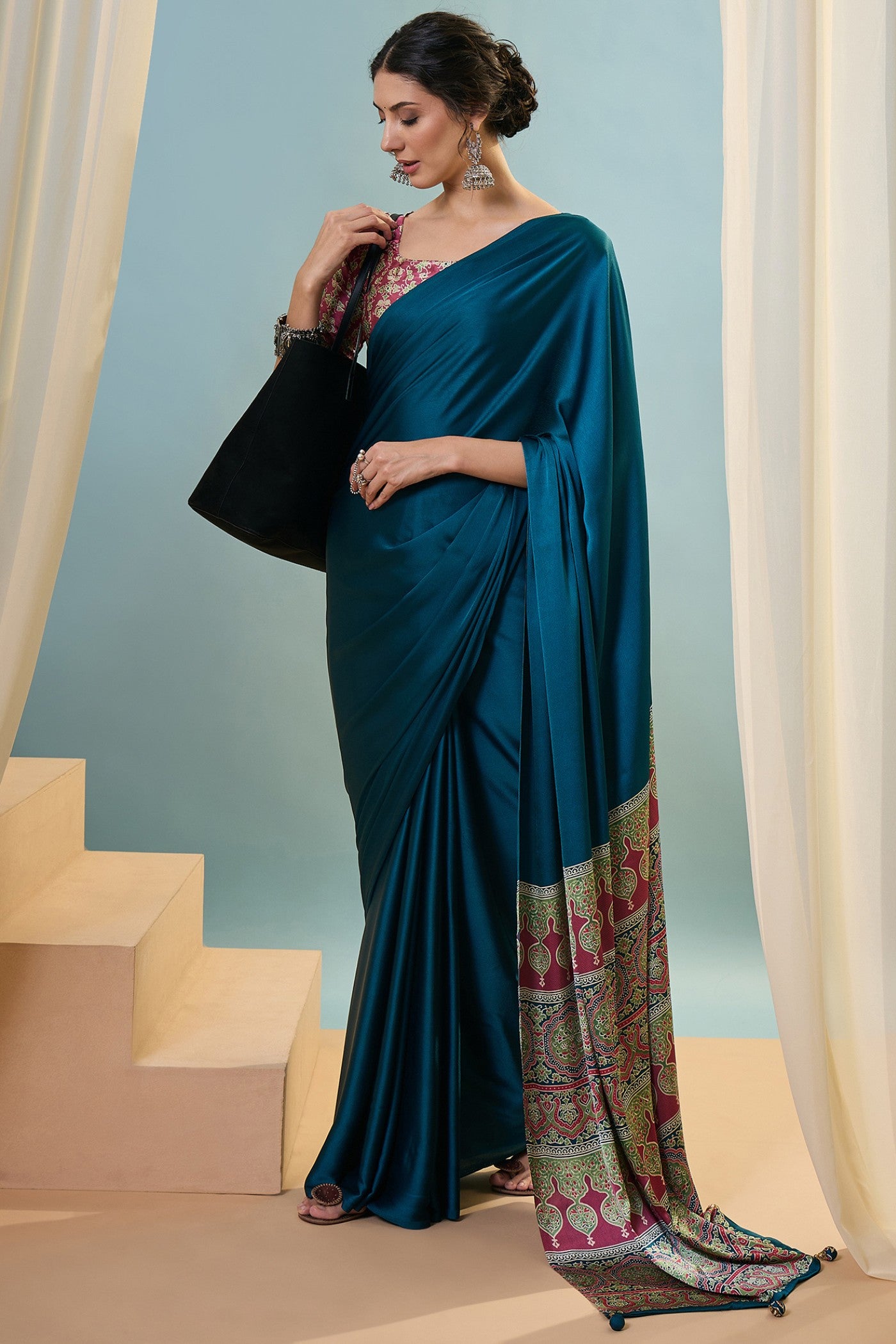 Buy MySilkLove Arcane Blue Ajrakh Printed Satin Crepe Silk Saree Online
