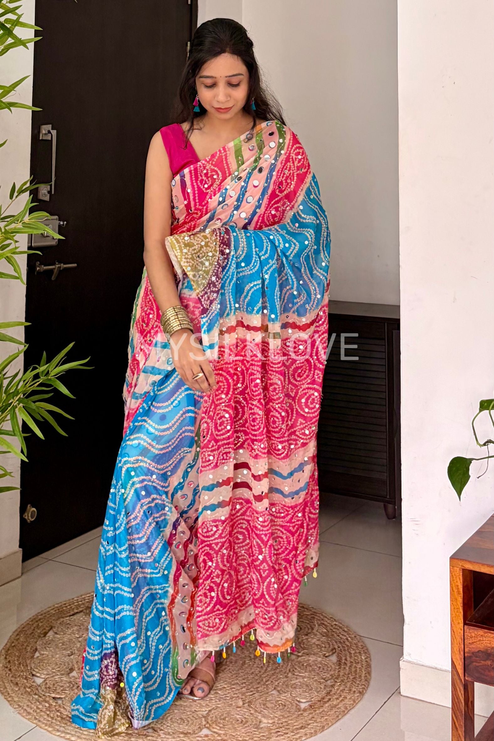 Buy MySilkLove Zareen Khan Inspired: Pink and Blue Pure Georgette Mirror Work Saree Online