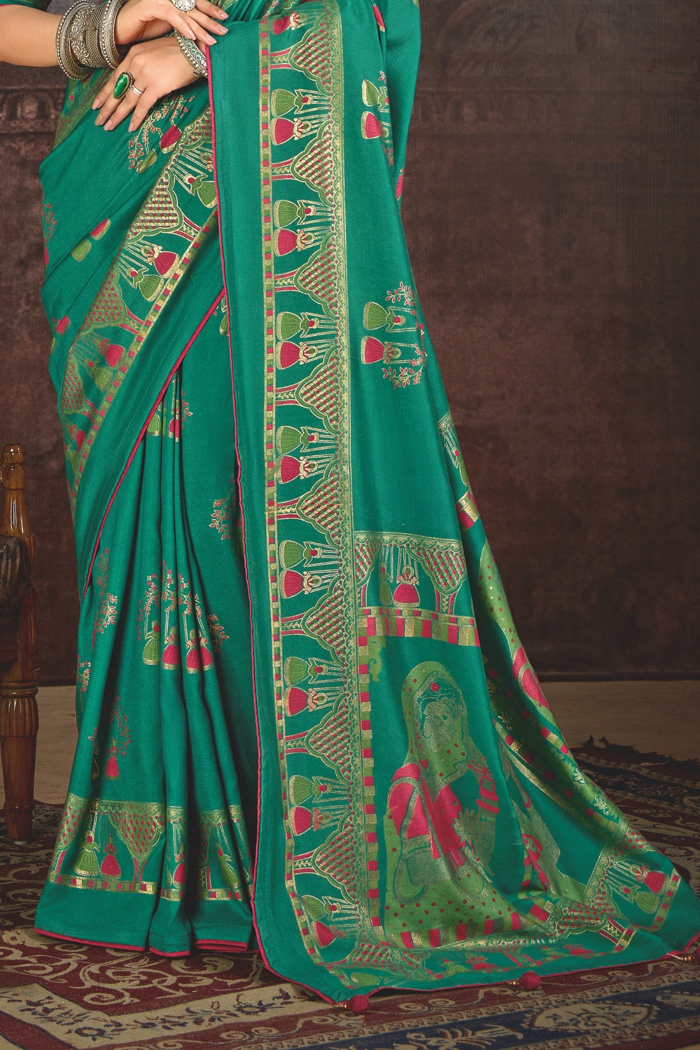 Buy MySilkLove Teal Green Tussar Rajwadi Printed Silk Saree Online