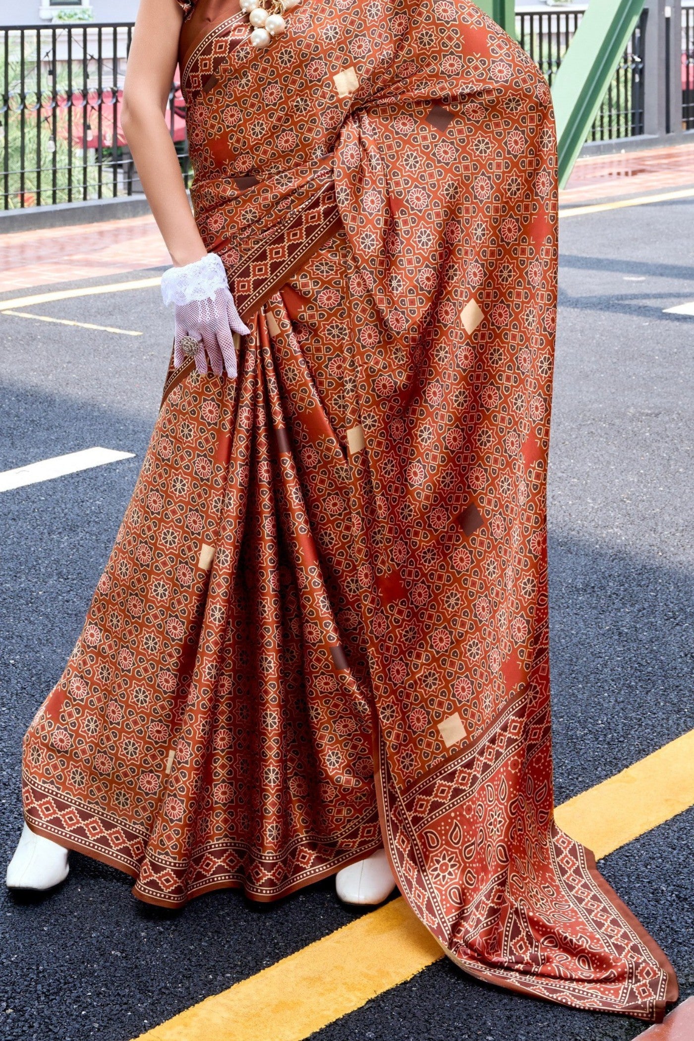 Buy MySilkLove Pecan Brown Ajrakh Printed Satin Crepe Silk Saree Online