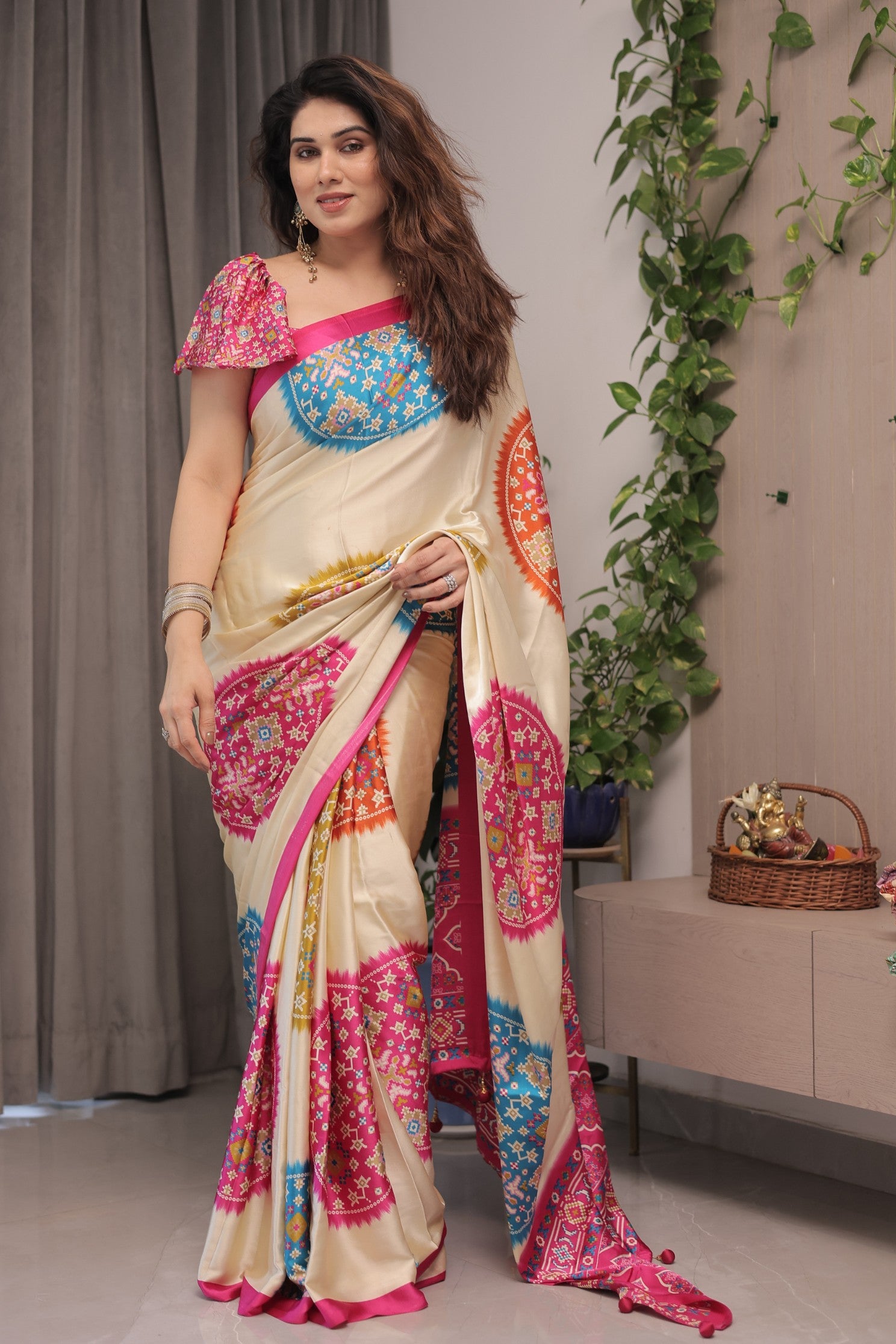 Buy MySilkLove Vanilla Cream and Pink Modal Ajrakh Printed Silk Saree Online