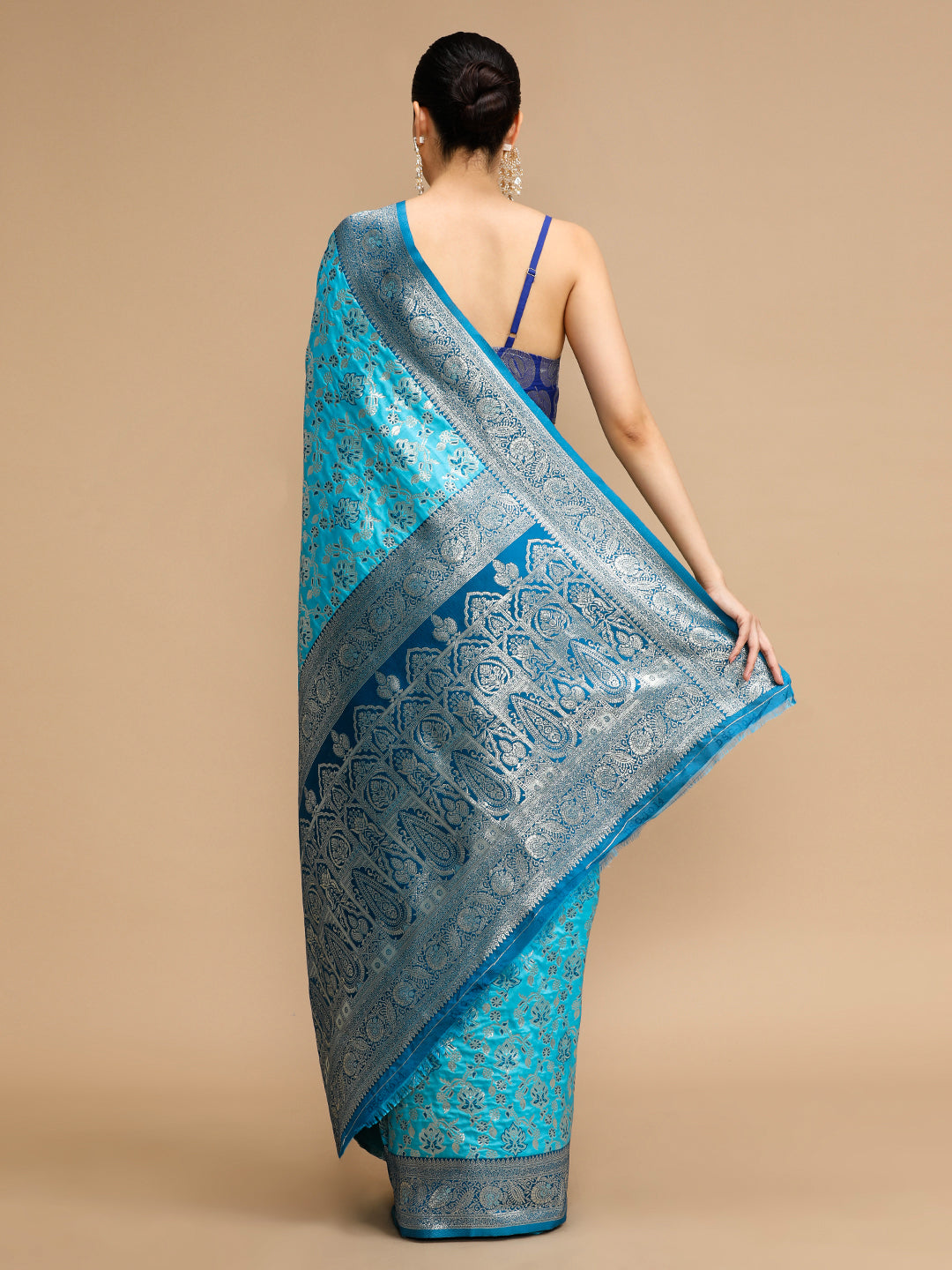 Buy MySilkLove Tiffany Blue Woven Jacquard Lichi Silk Saree Online