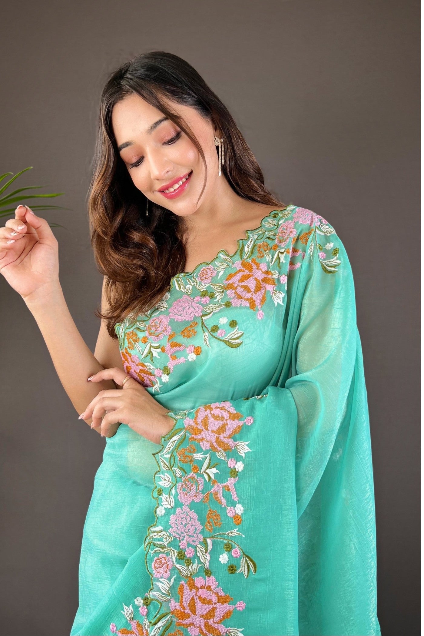 Buy MySilkLove Arctic Blue Embroidered Party Wear Saree Online
