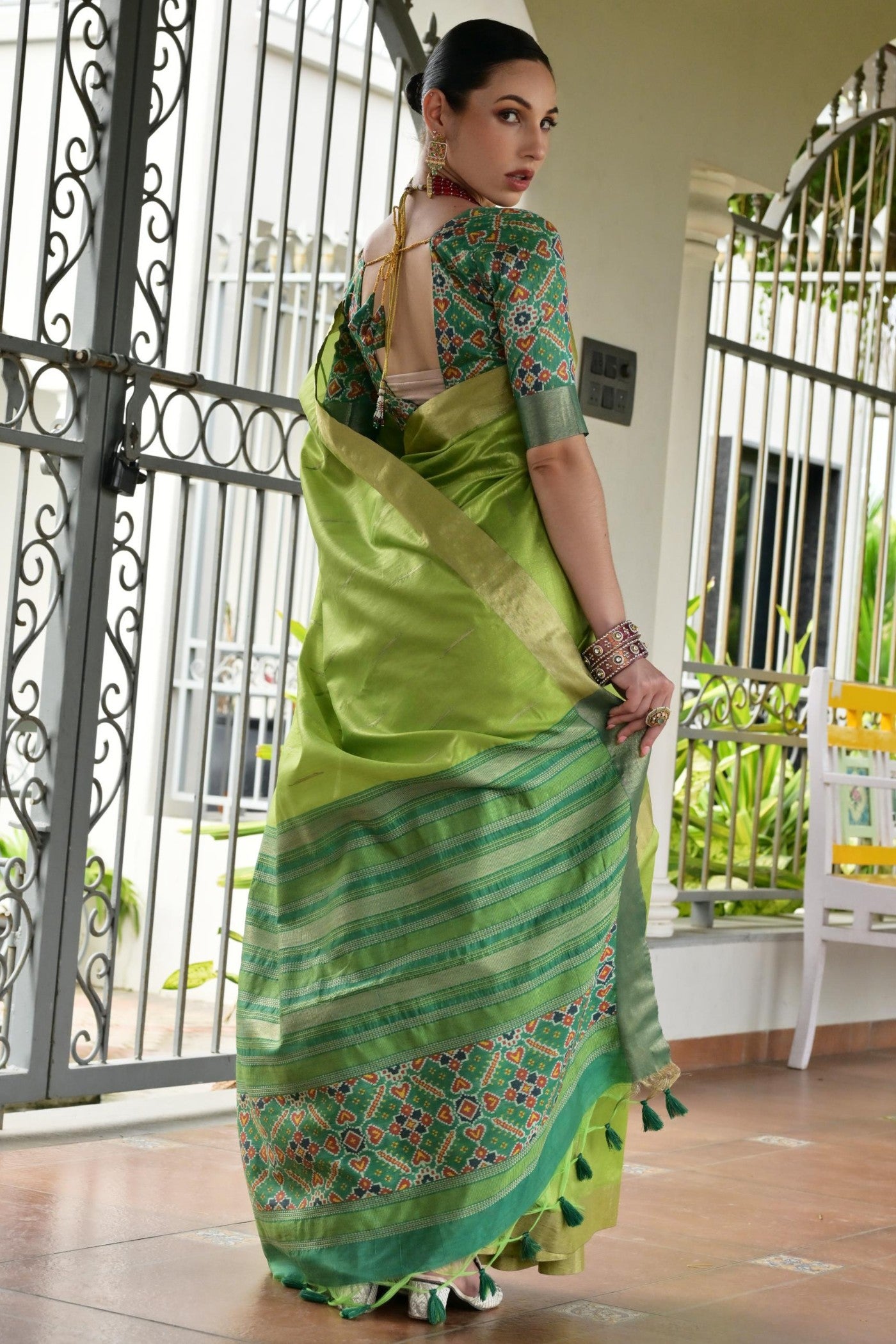 Buy MySilkLove Shamrock Green Meenakari Woven Patola Saree Online