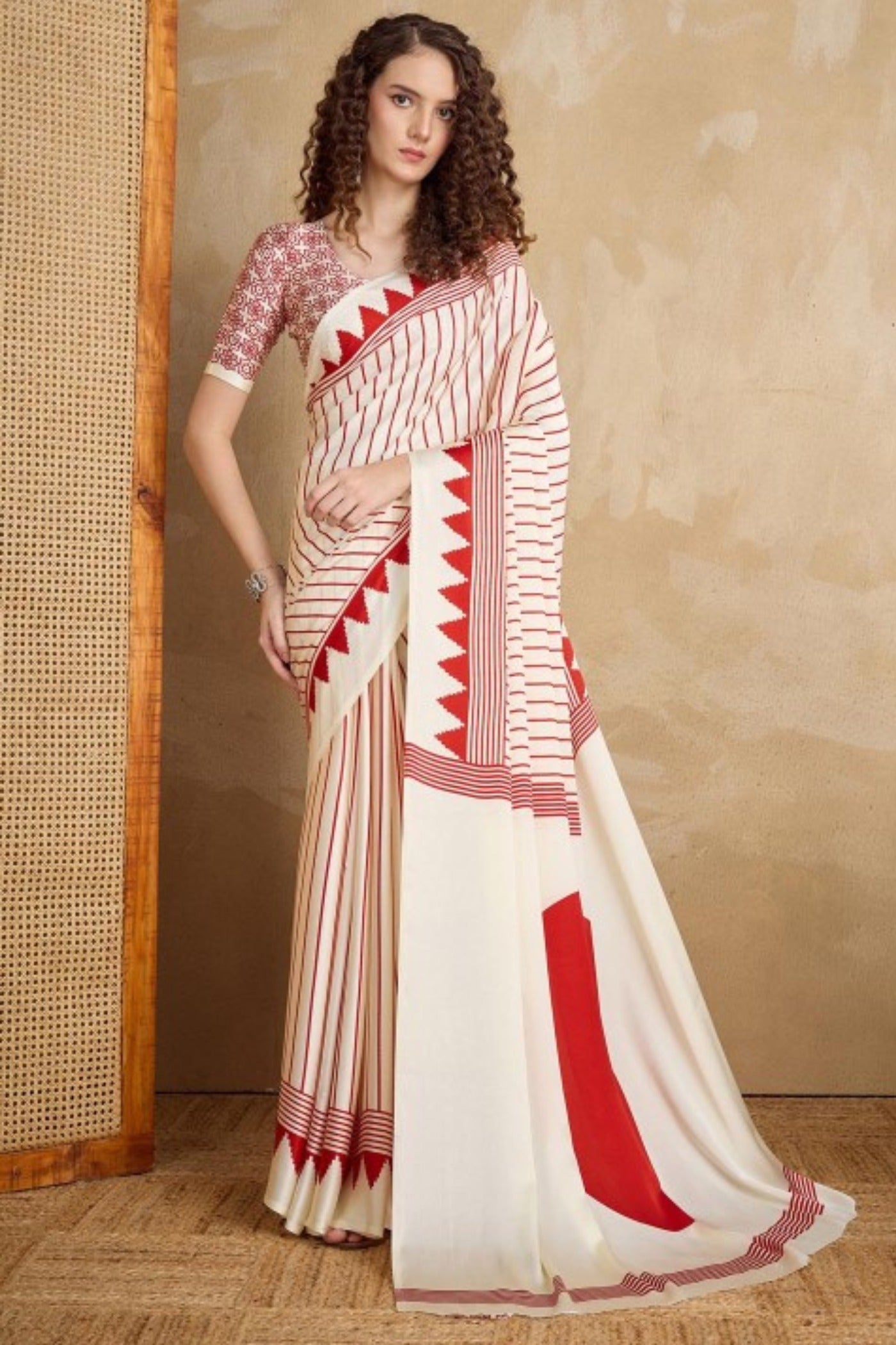 Buy MySilkLove Beige and Red Ajrakh Printed Satin Crepe Silk Saree Online