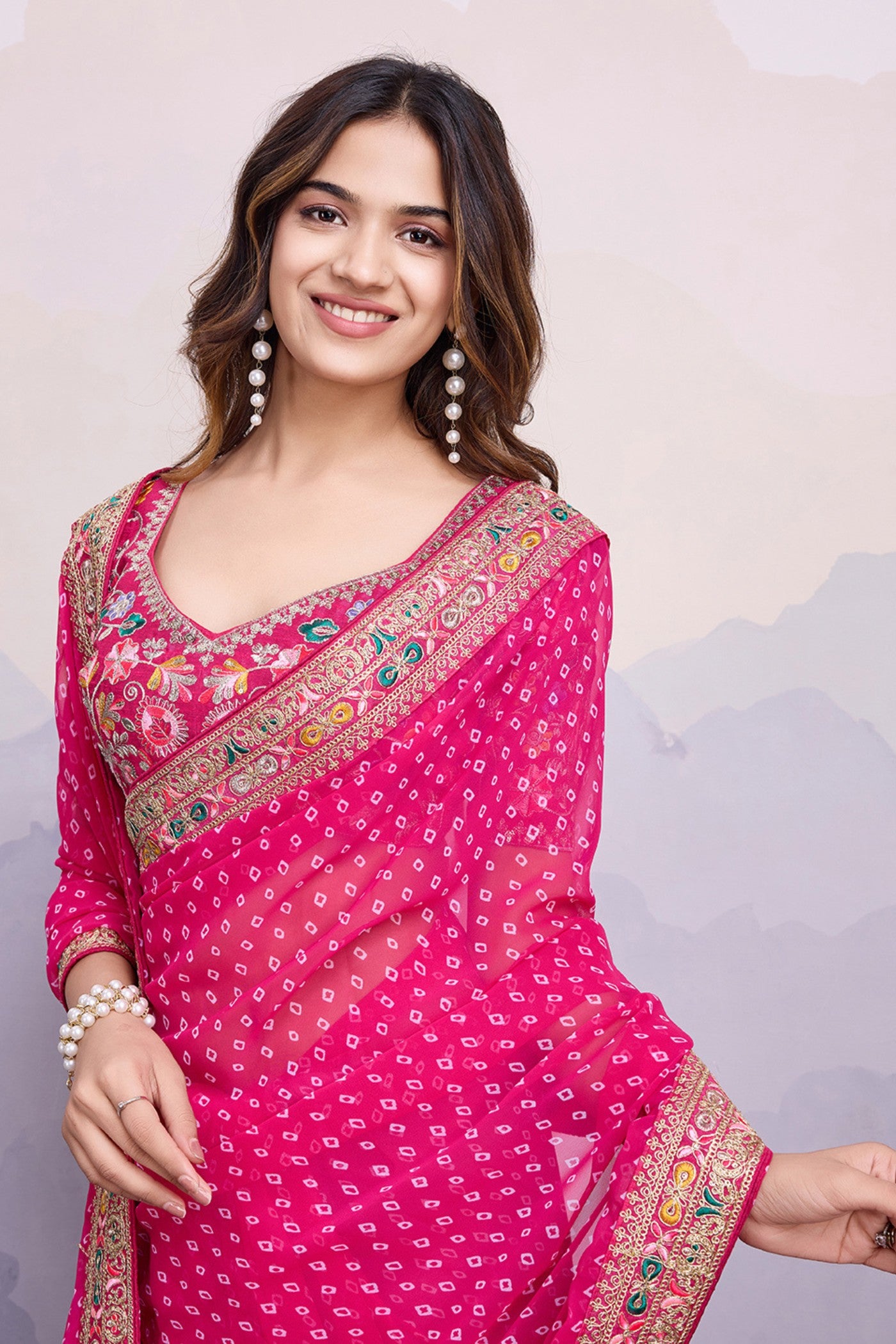 Buy MySilkLove Magenta Pink Bandhani Georgette Printed Partywear Saree Online
