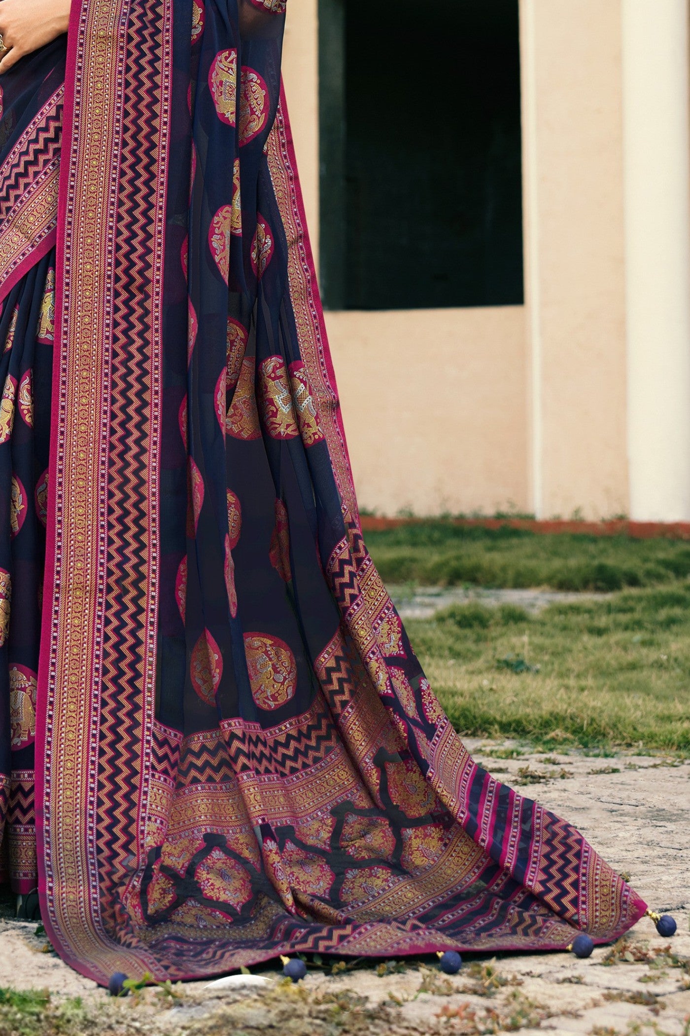 Buy MySilkLove Gunmetal Blue Banarasi Georgette Saree Online