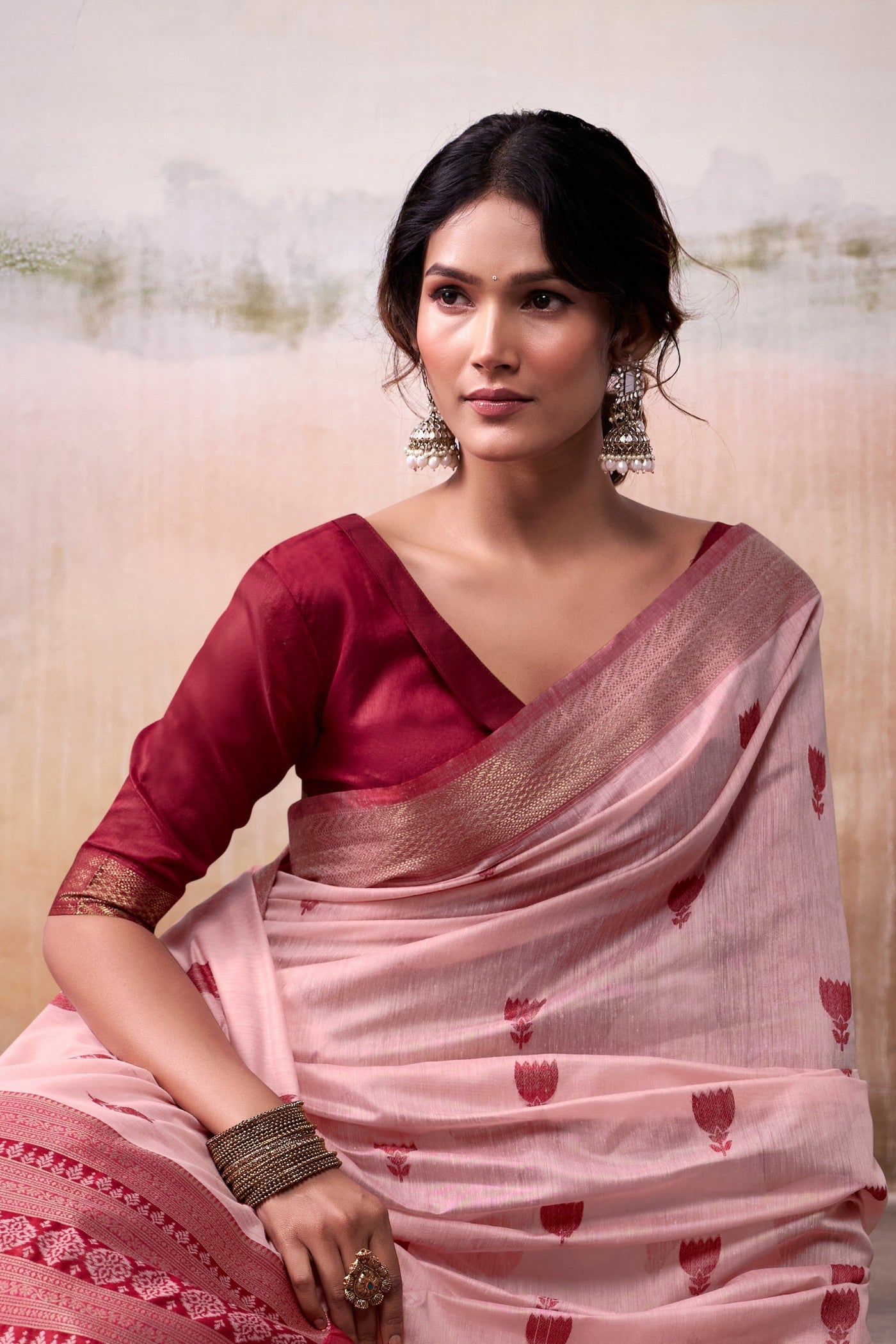 Buy MySilkLove Coral Pink Woven Modal Cotton Saree Online