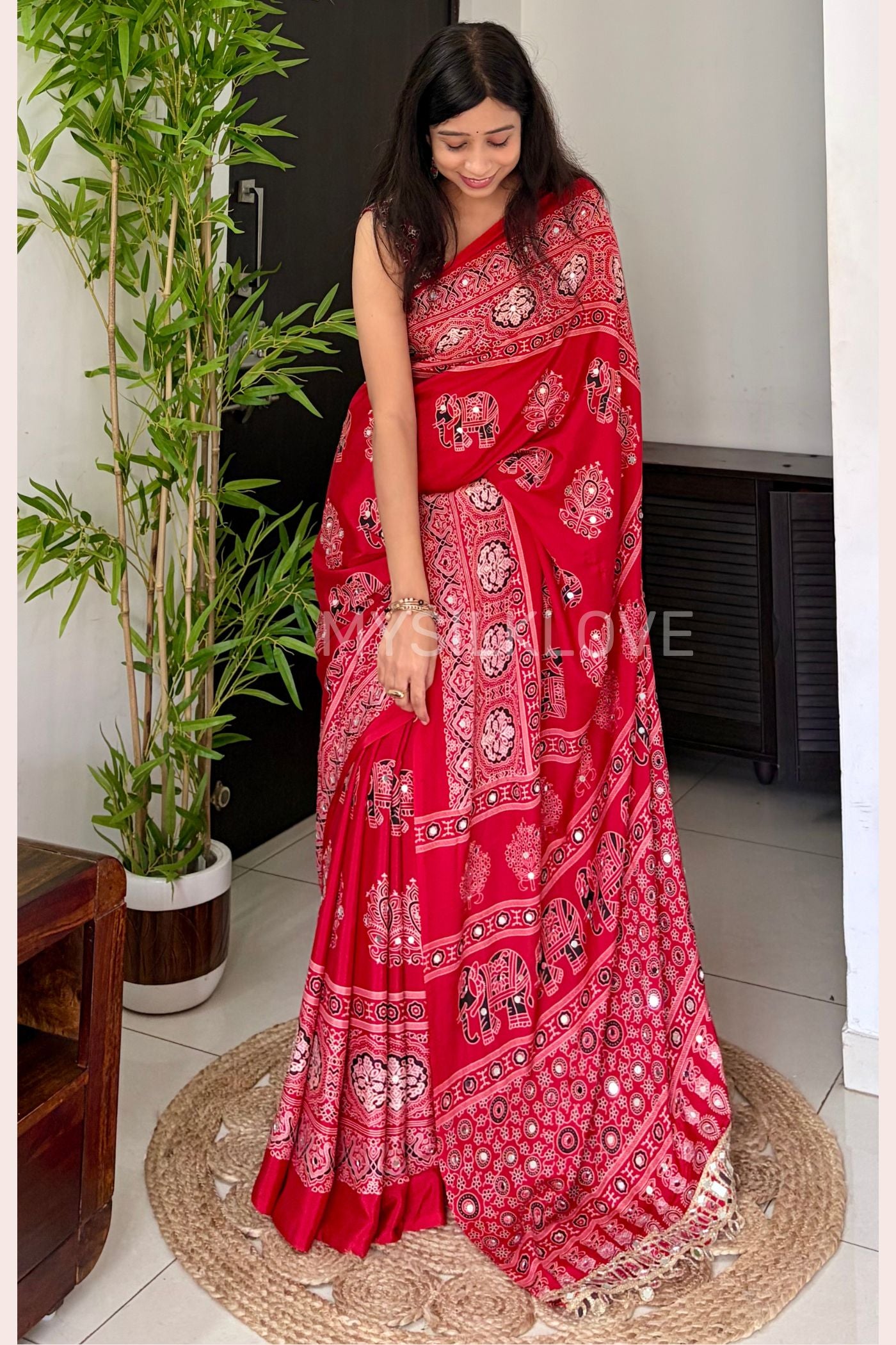 Buy MySilkLove Jam Red Ajrakh Satin Printed Mirror Work Saree Online