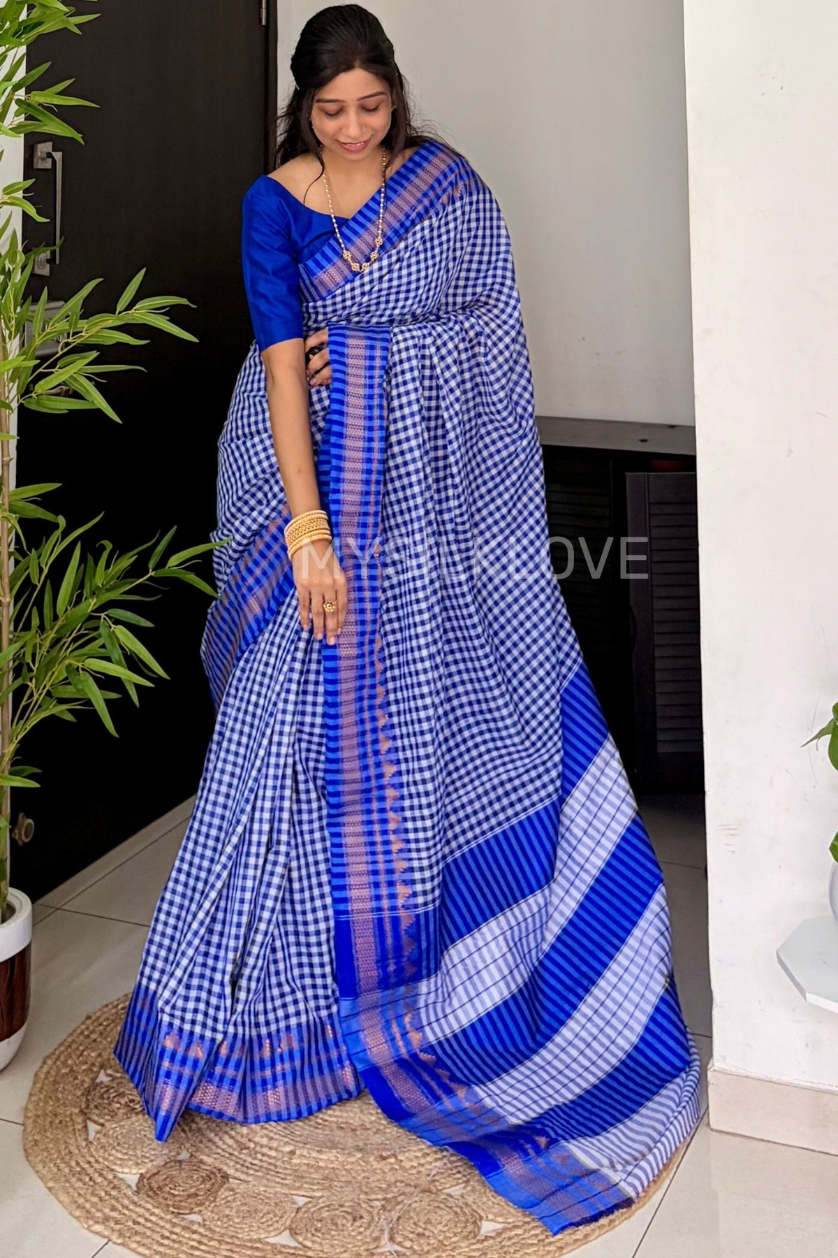Buy MySilkLove Regal Blue Soft Cotton Check Pattern Irkal Saree Online