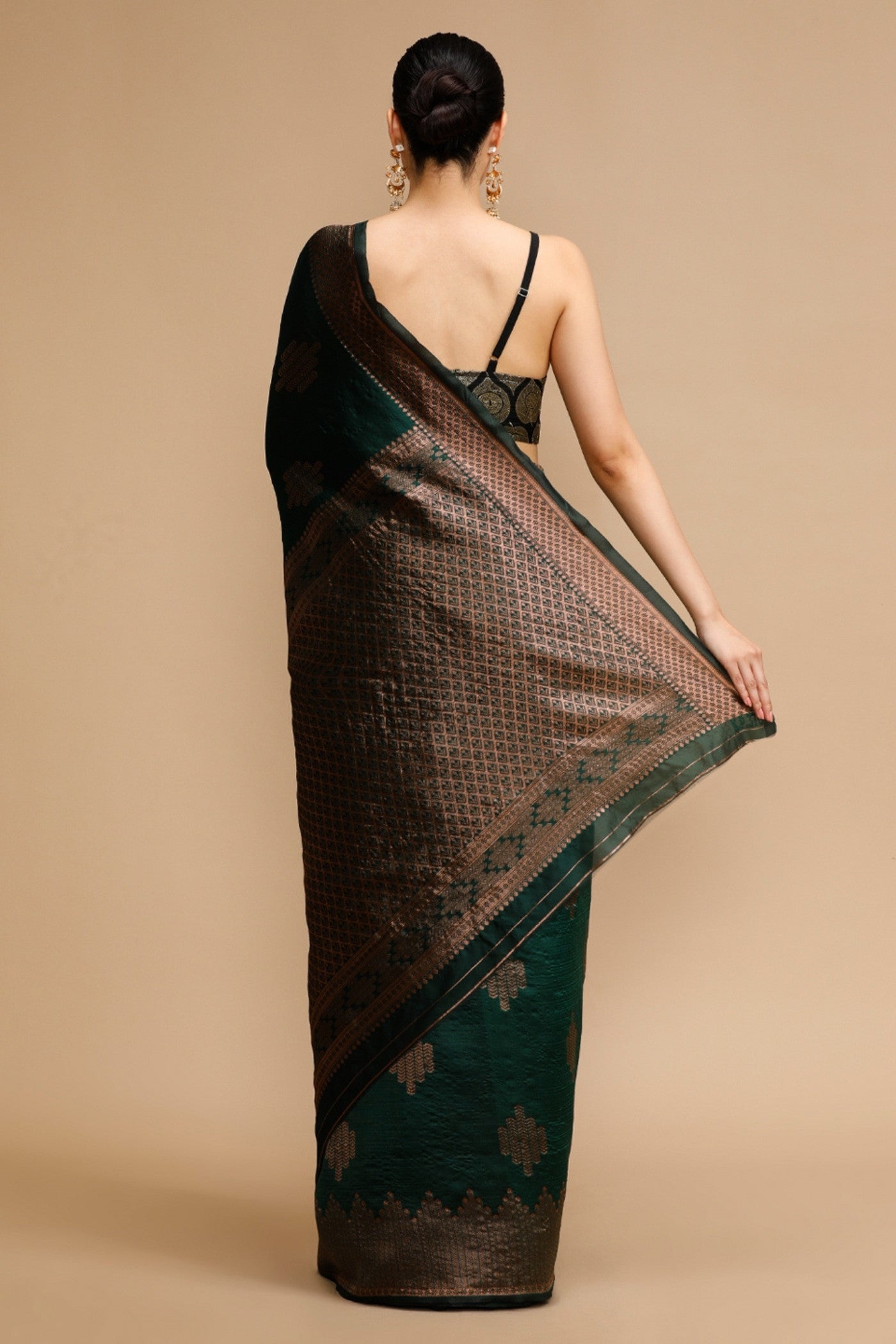 Buy MySilkLove Pine Green Woven Jacquard Lichi Silk Saree Online