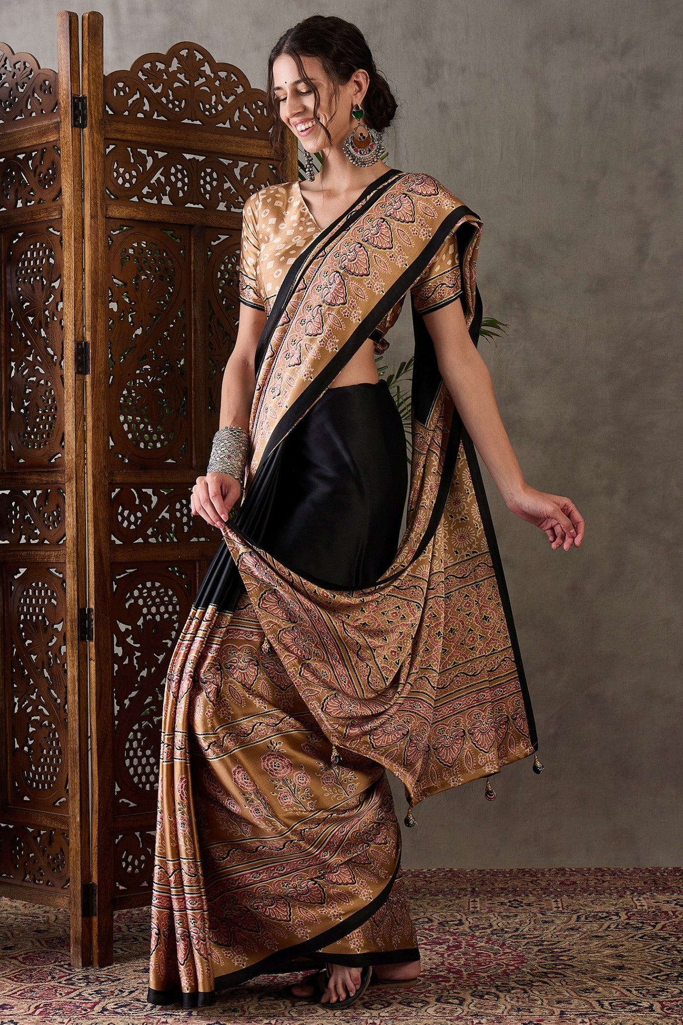 Buy MySilkLove Ebony Black Printed Satin Gaji Silk Saree Online