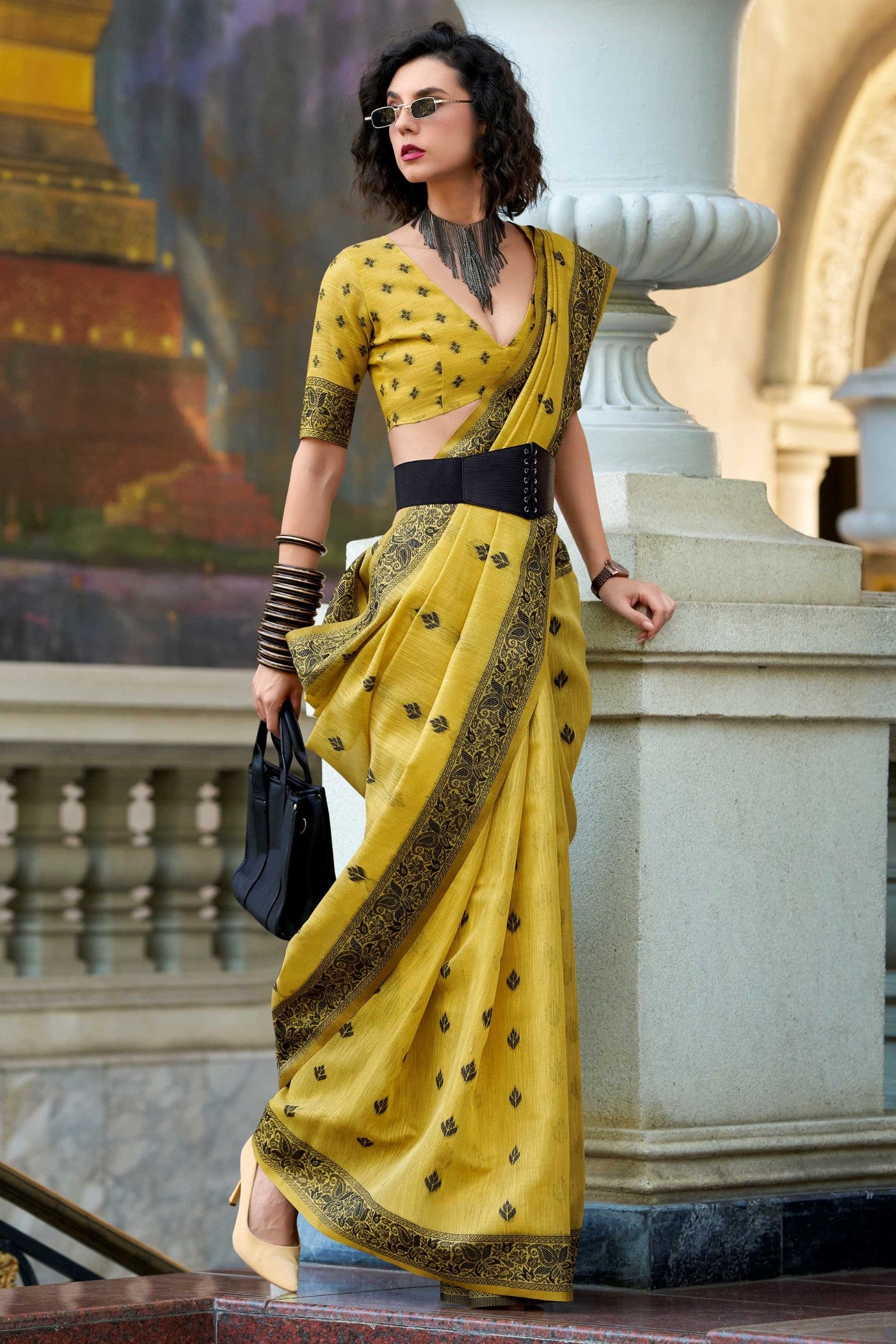 Buy MySilkLove Minion Yellow Tissue Linen Saree Online