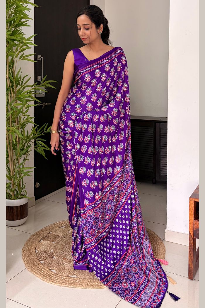 Buy MySilkLove Violet Purple Modal Ajrakh Satin Printed Mirror Work Saree Online