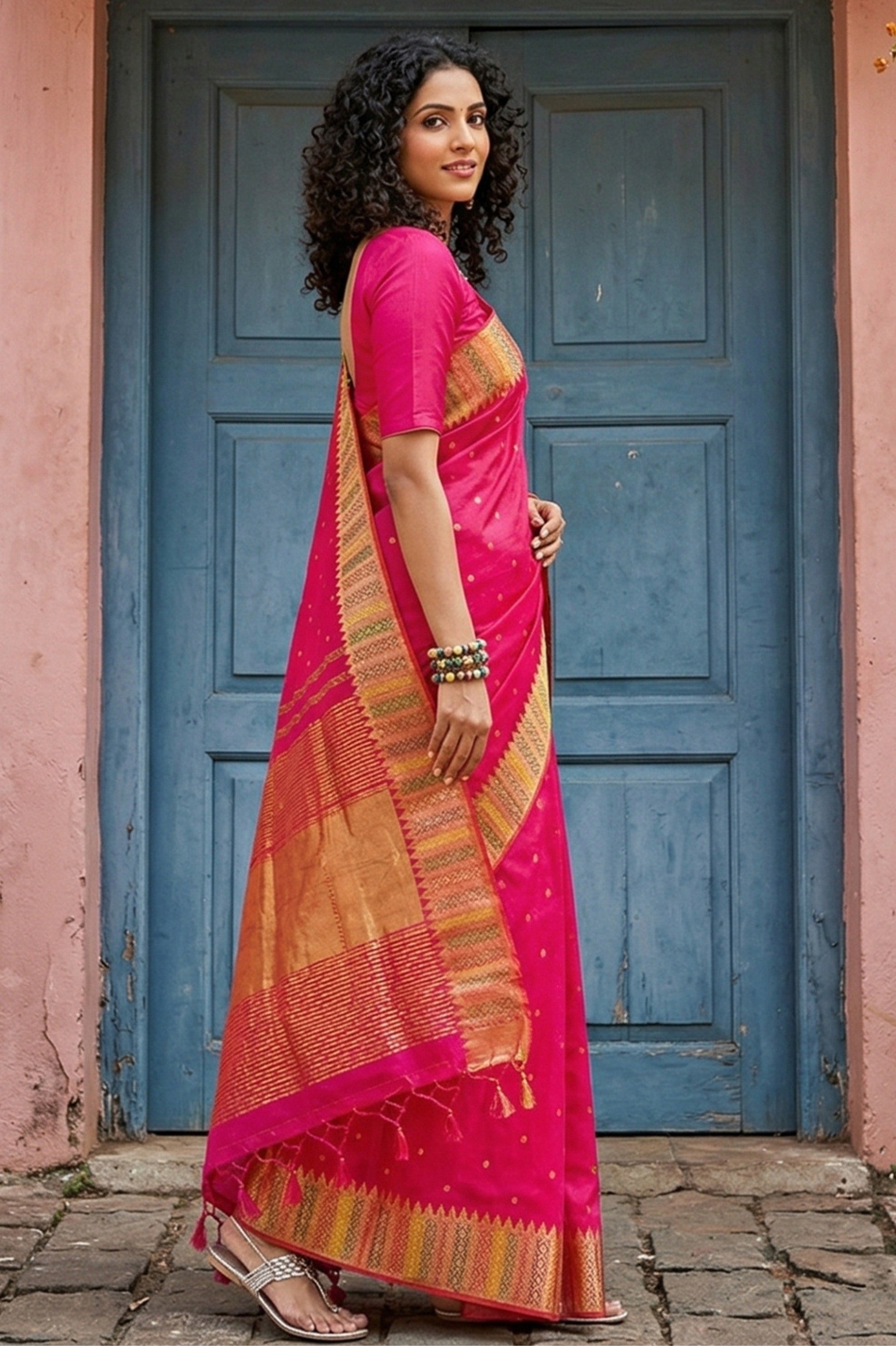Buy MySilkLove Fuchsia Pink Woven Banarasi Silk Saree Online