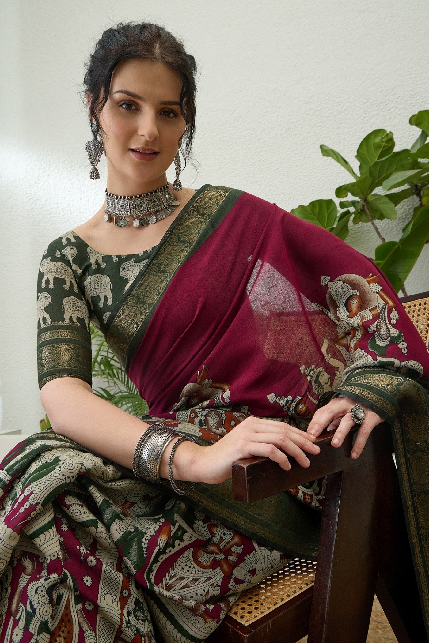 Buy MySilkLove Dark Tan Maroon Printed Cotton Saree Online