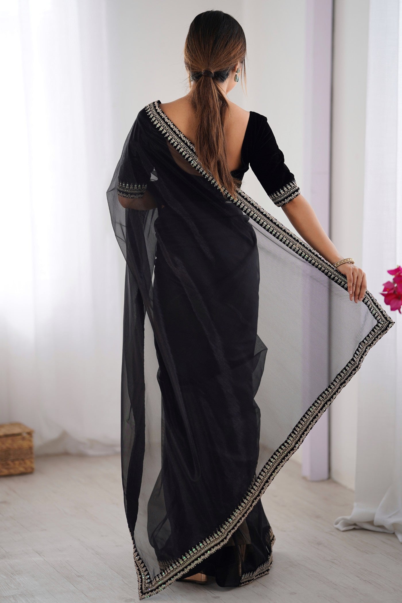 Buy MySilkLove Meatal Black Partywear Net Saree Online