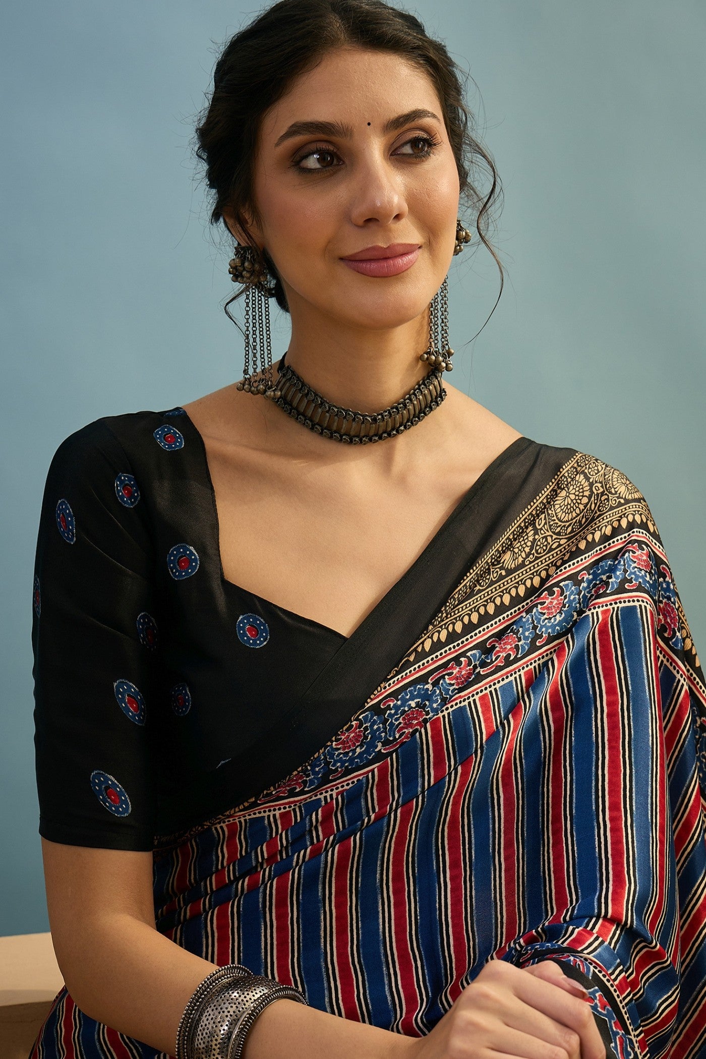 MySilkLove Holo Blue Ajrakh Printed Satin Crepe Silk Saree