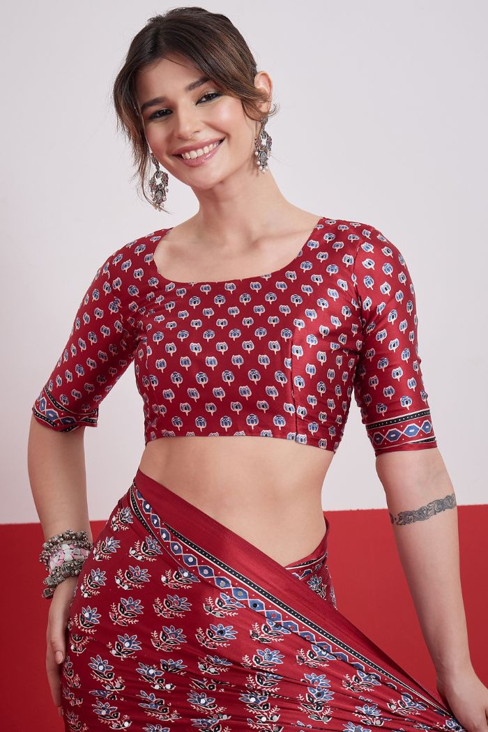 Buy MySilkLove Wine Maroon Modal Ajrakh Satin Printed Mirror Work Saree Online
