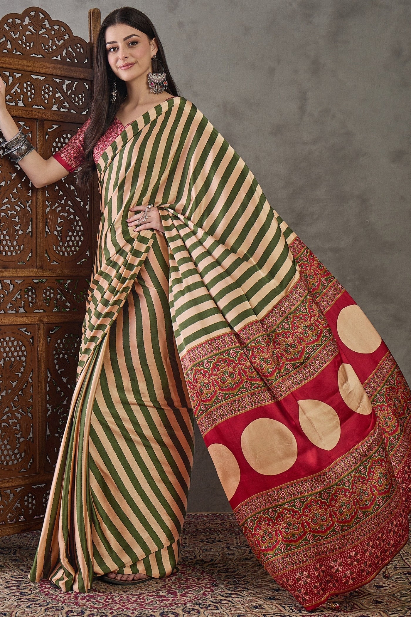 Buy MySilkLove Avocado Green Stripe Ajrakh Printed Satin Gaji Silk Saree Online