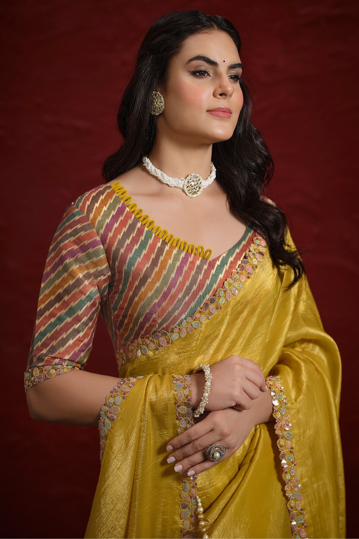 Buy MySilkLove Aureolin Yellow Paper Silk Saree with Stitched Blouse Online