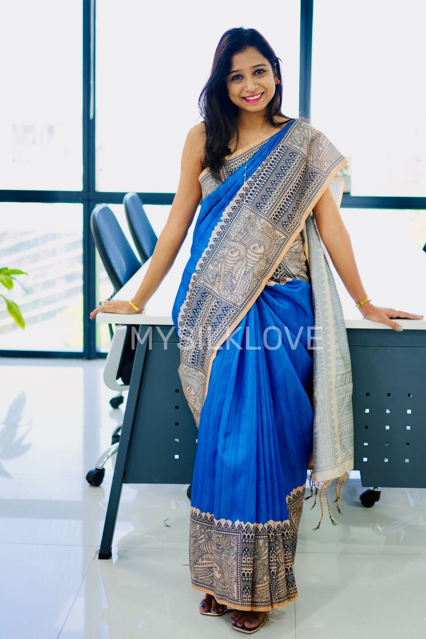 Buy MySilkLove Water Blue Madhubani Printed Silk Saree Without Blouse Online