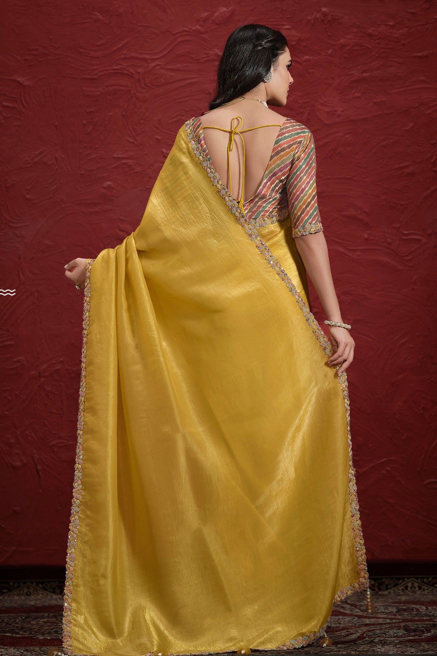 Buy MySilkLove Aureolin Yellow Paper Silk Saree with Stitched Blouse Online