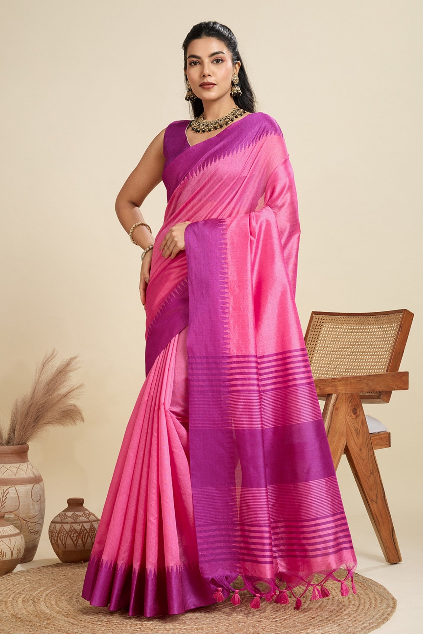 Buy MySilkLove Neon Pink Woven Raw Silk Saree Online