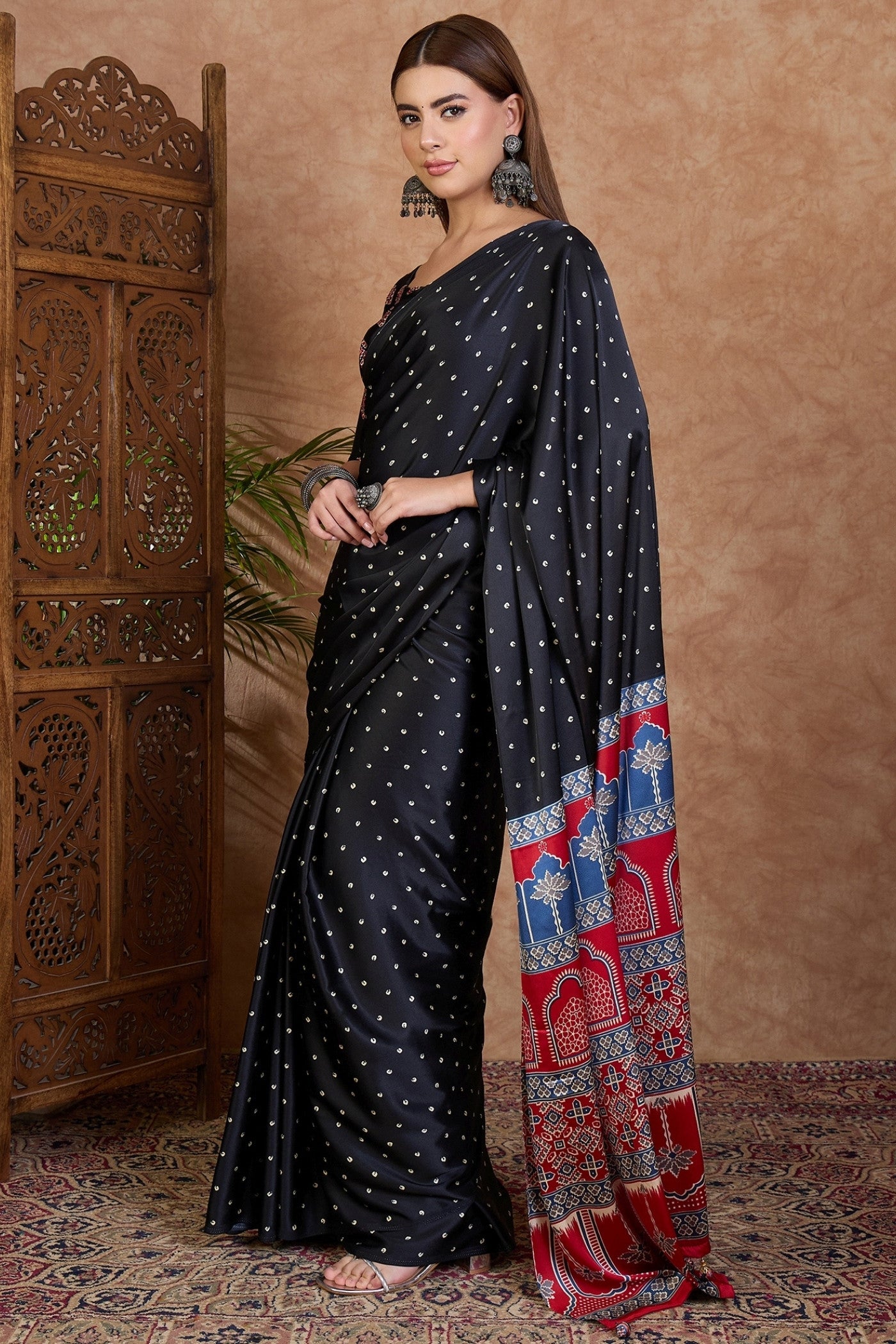 Buy MySilkLove Obsidian Black Ajrakh Printed Satin Crepe Silk Saree Online