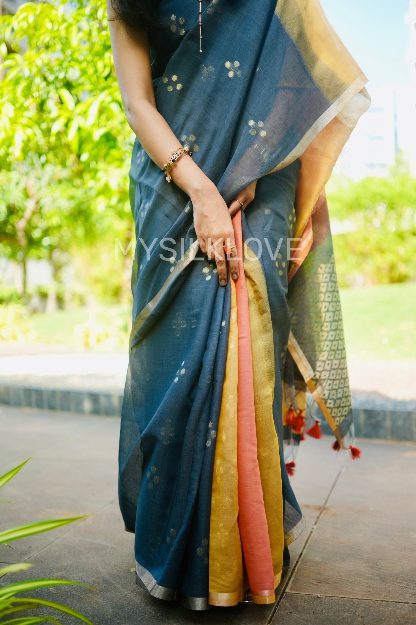 Buy MySilkLove Ink Black and Yellow Handloom Cotton Saree Online