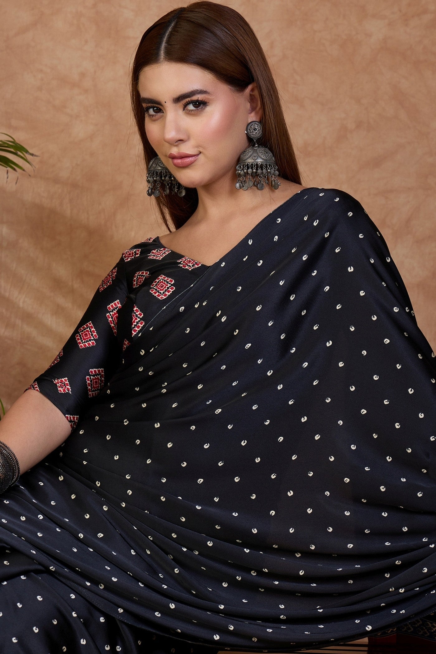 MySilkLove Obsidian Black Ajrakh Printed Satin Crepe Silk Saree