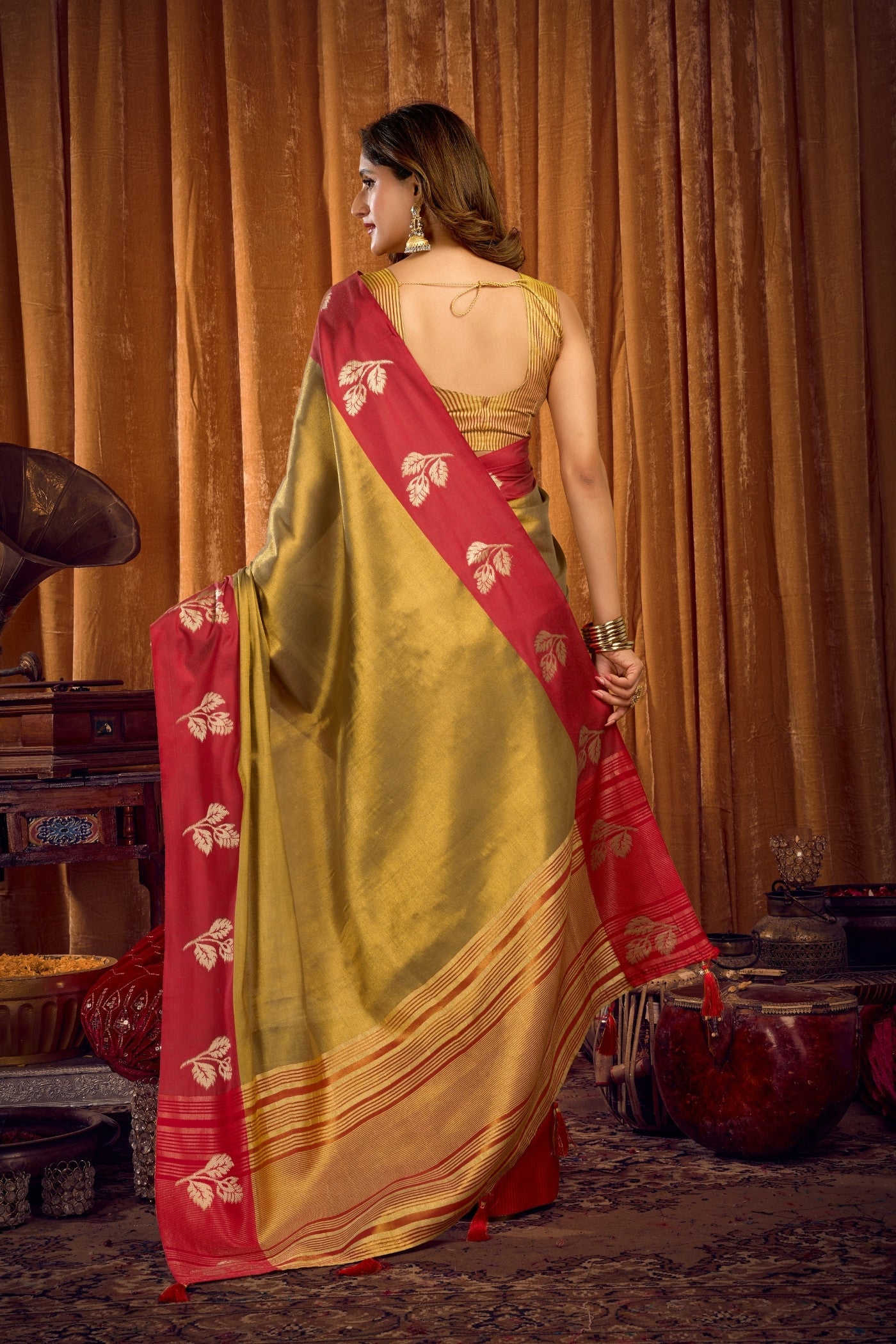 Buy MySilkLove Pesto Green Woven Tissue Saree Online