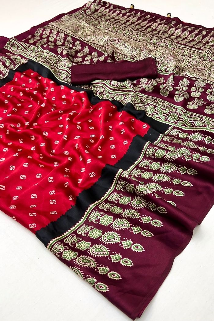 Buy MySilkLove Brick Red Ajrakh Printed Satin Gaji Silk Saree Online