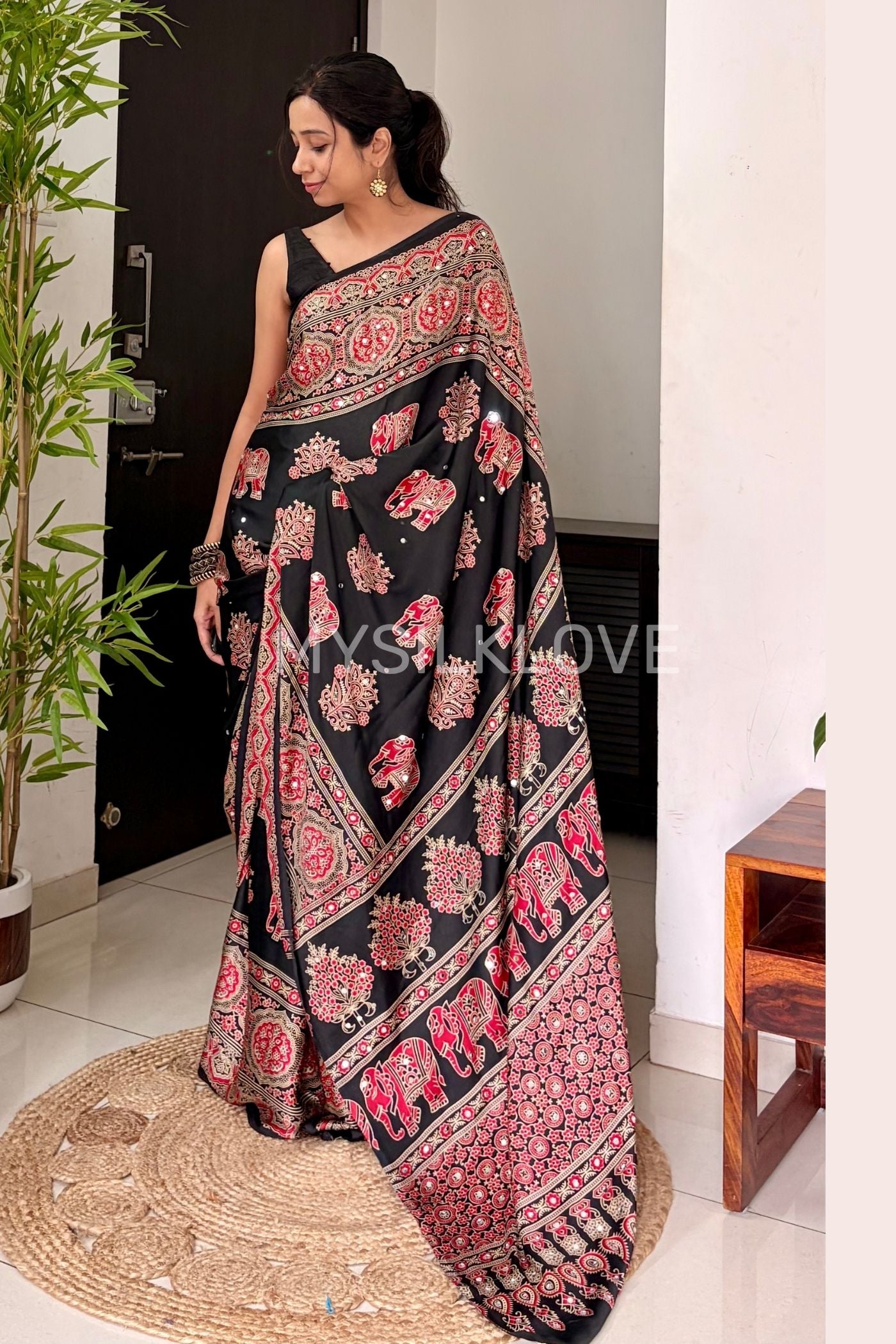 MySilkLove Raven Black Ajrakh Satin Printed Mirror Work Saree