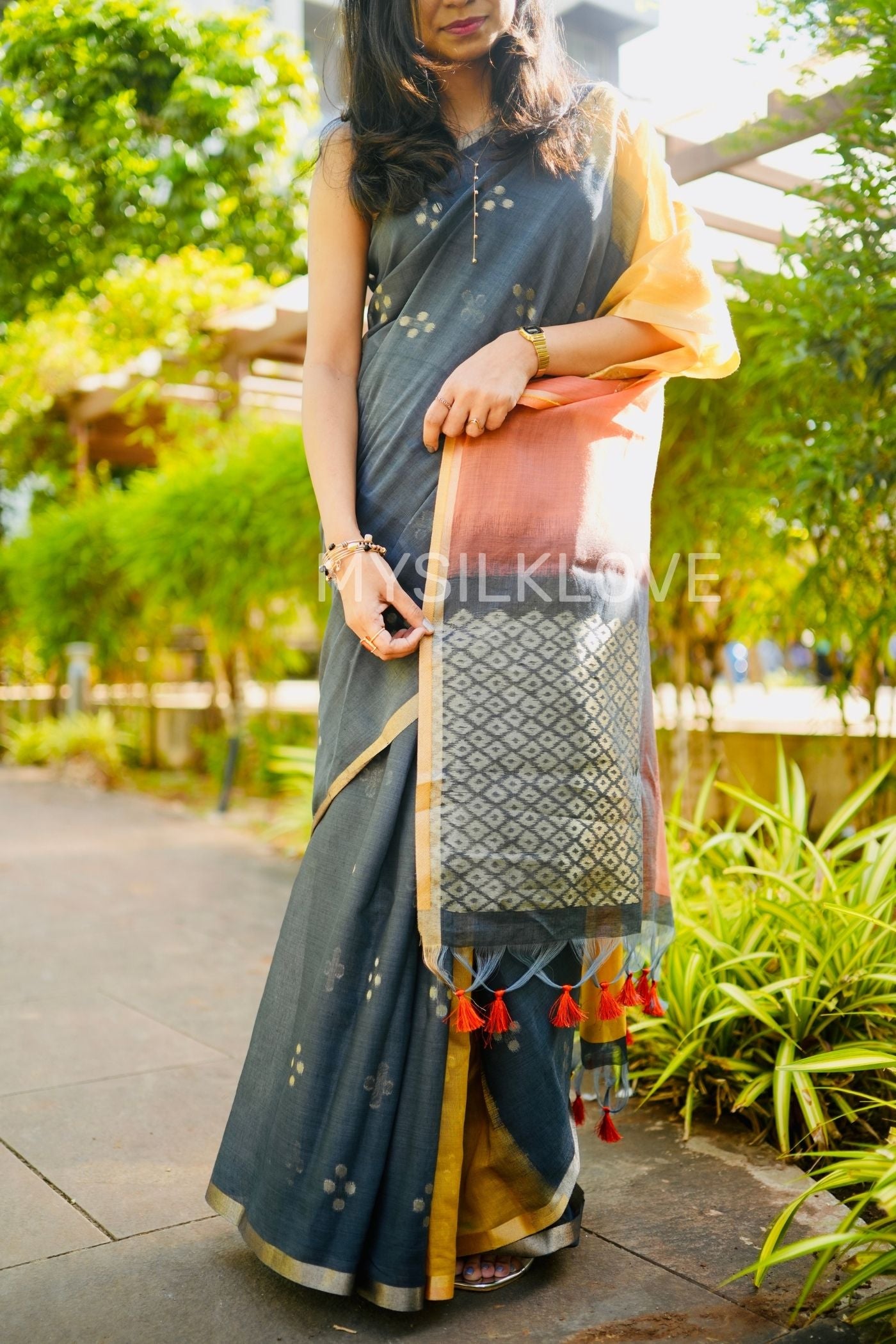 Buy MySilkLove Ink Black and Yellow Handloom Cotton Saree Online