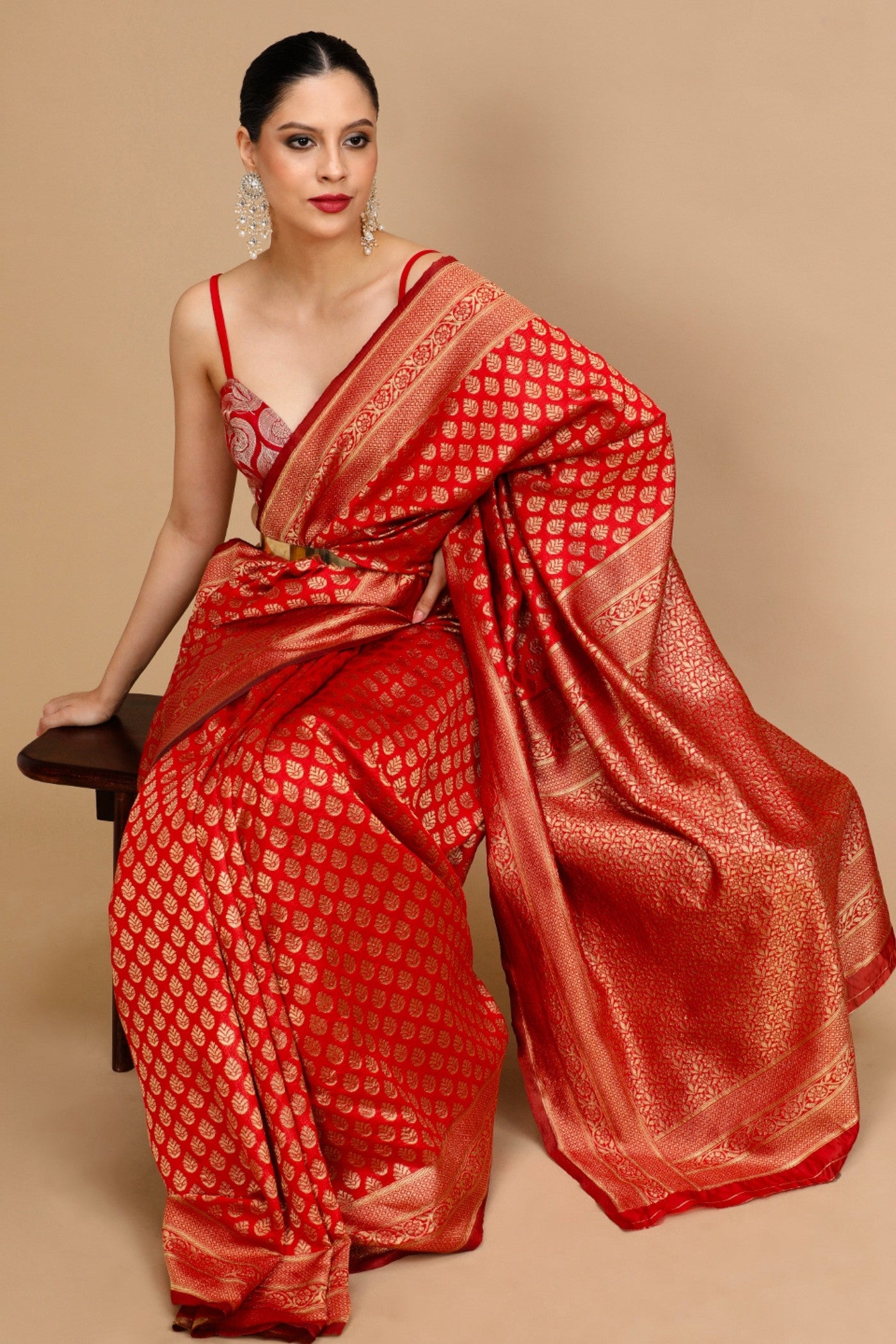 Buy MySilkLove Cherry Red Woven Jacquard Lichi Silk Saree Online
