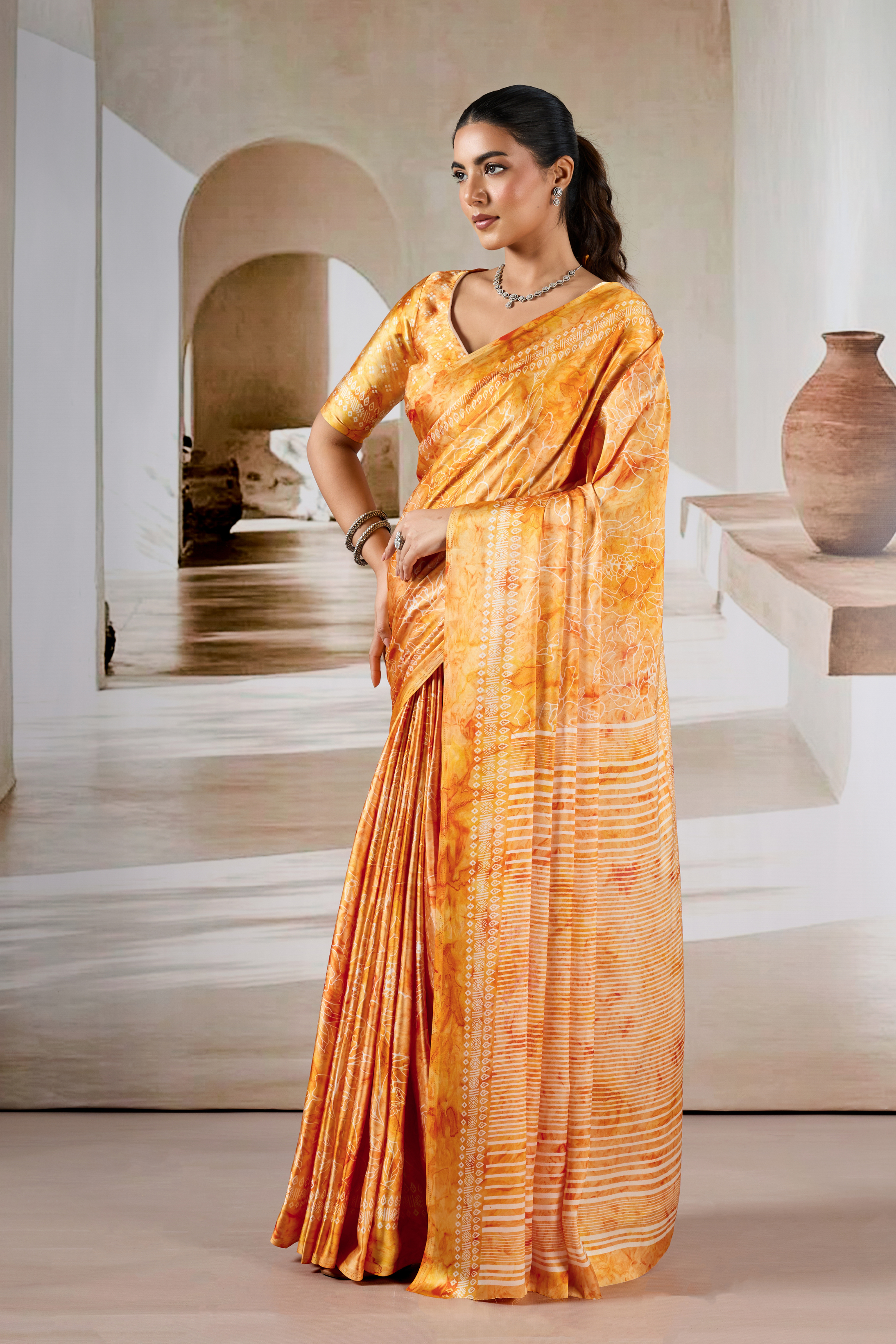 MySilkLove Honey Yellow Modal Satin Hand Prism Print Saree