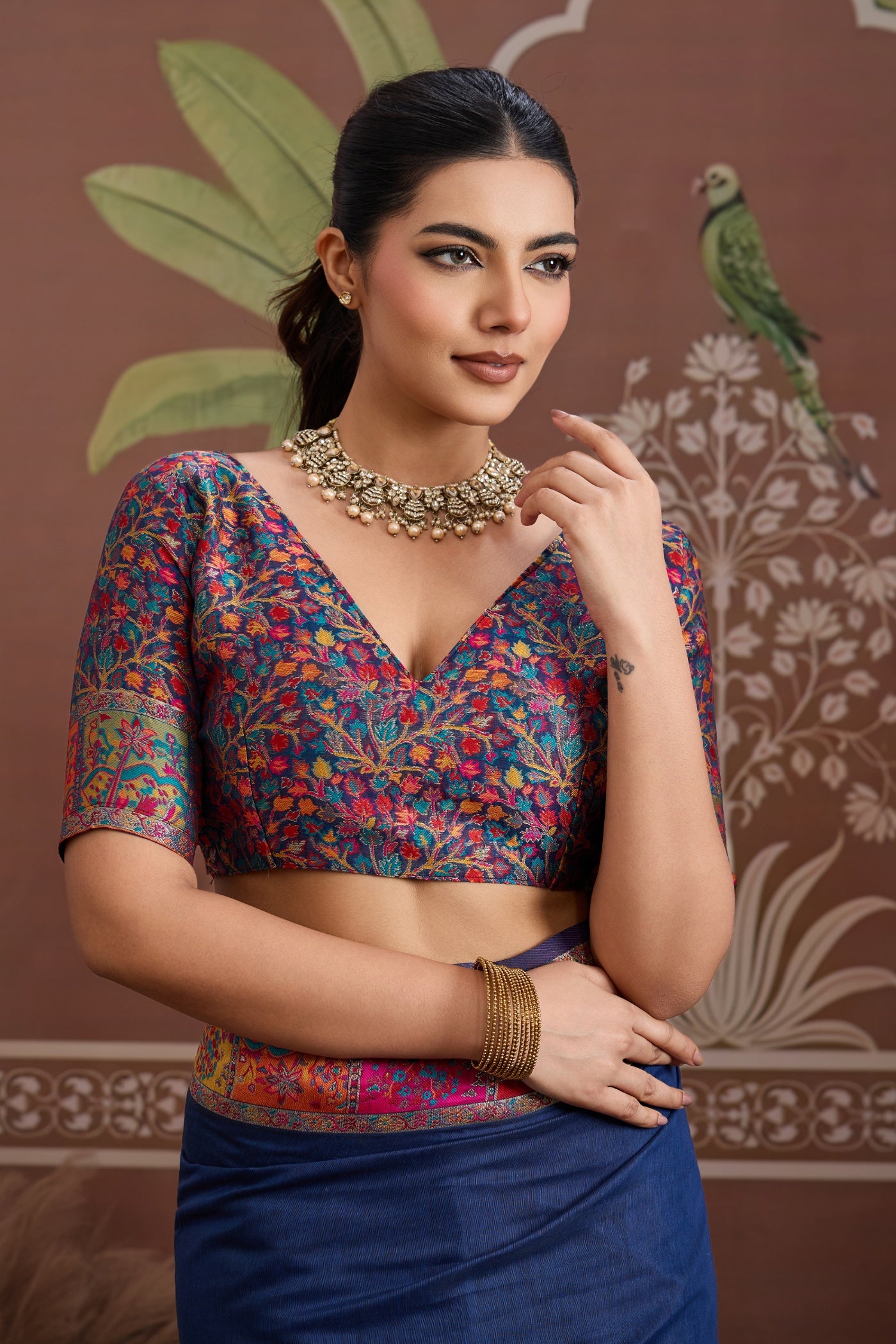 Buy MySilkLove Navy Blue Kashmiri Handllom Jamewar Saree Online