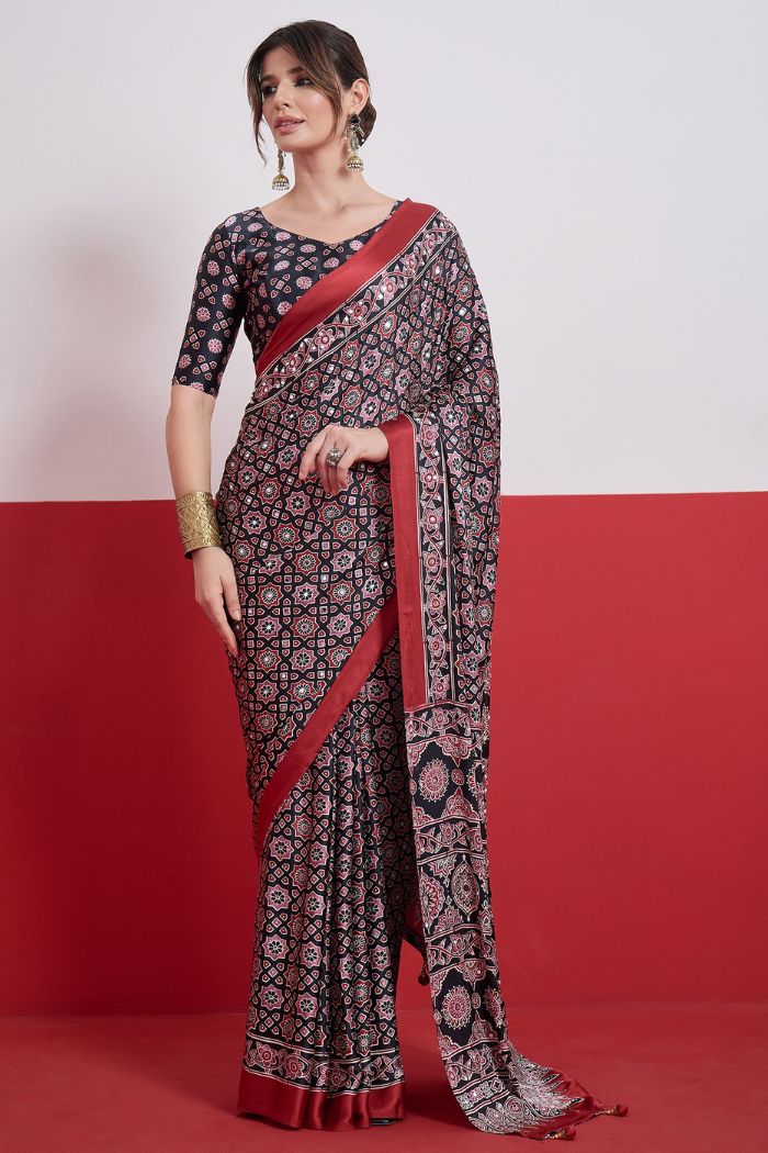 Buy MySilkLove Raven Black Modal Ajrakh Satin Printed Mirror Work Saree Online