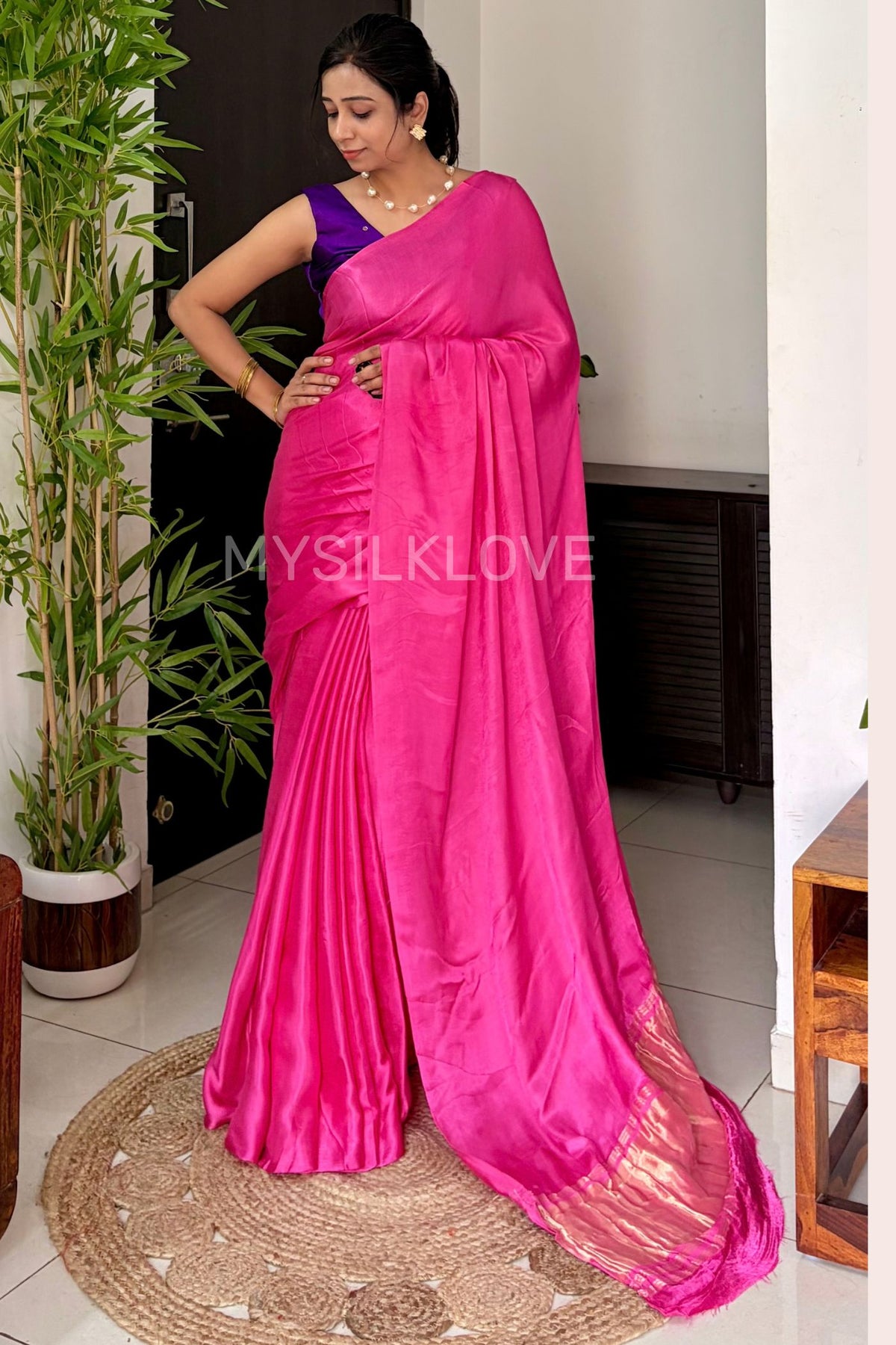 Buy MySilkLove Fuchsia Pink Modal Pure Gajji Silk Saree with Lagdi Zari Pallu Saree — Buy Online | MySilkLove Online