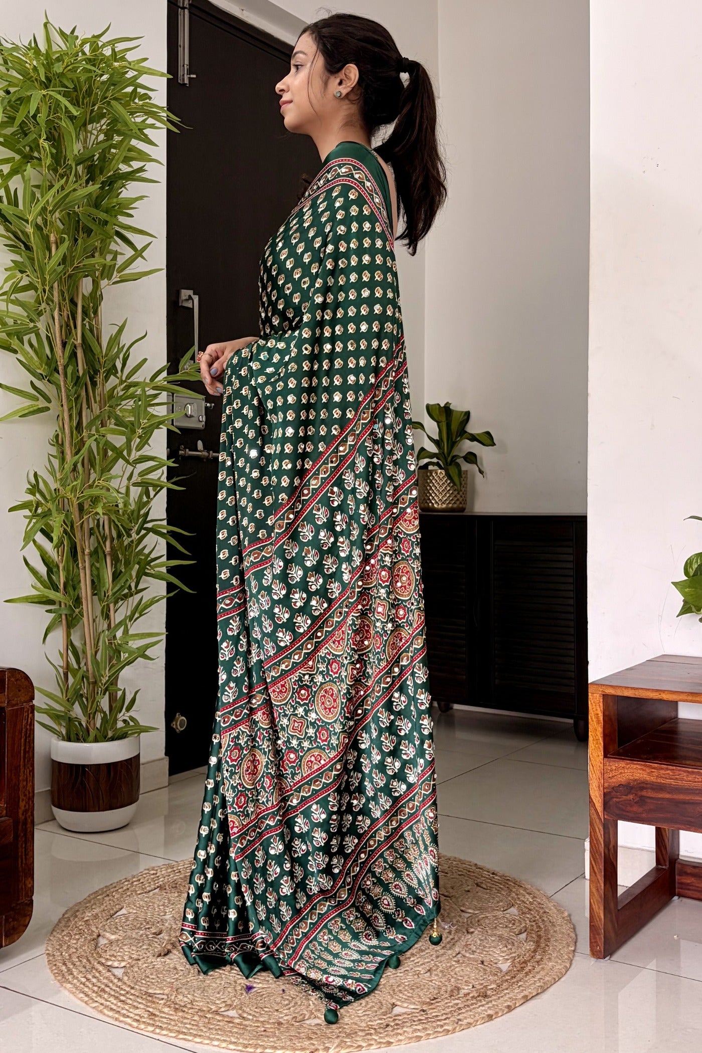 Buy MySilkLove Hunter Green Modal Ajrakh Satin Printed Mirror Work Saree Online