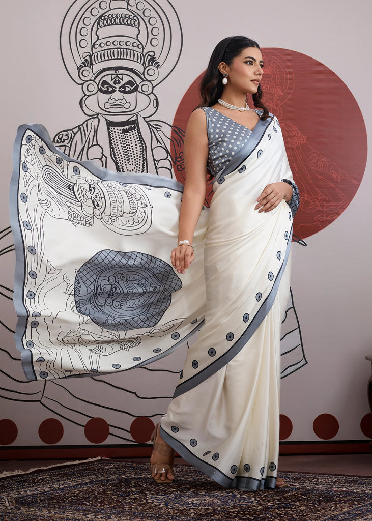 Buy MySilkLove Seal Grey and White Printed Satin Crepe Silk Saree Online