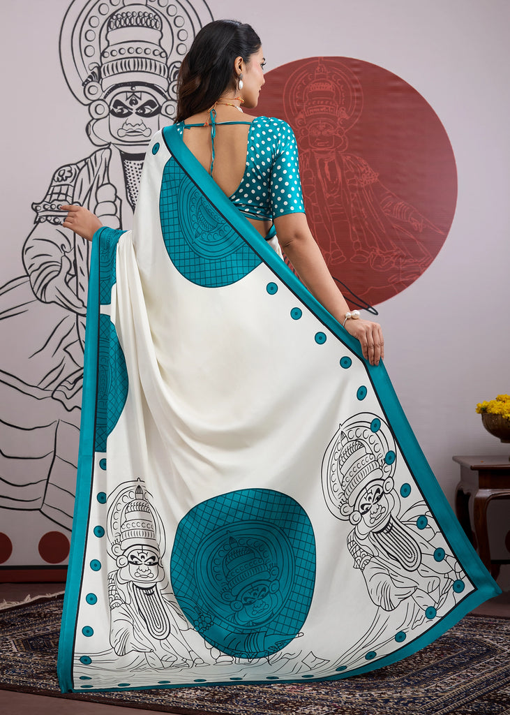 Buy MySilkLove Steel Blue and White Printed Satin Crepe Silk Saree Online
