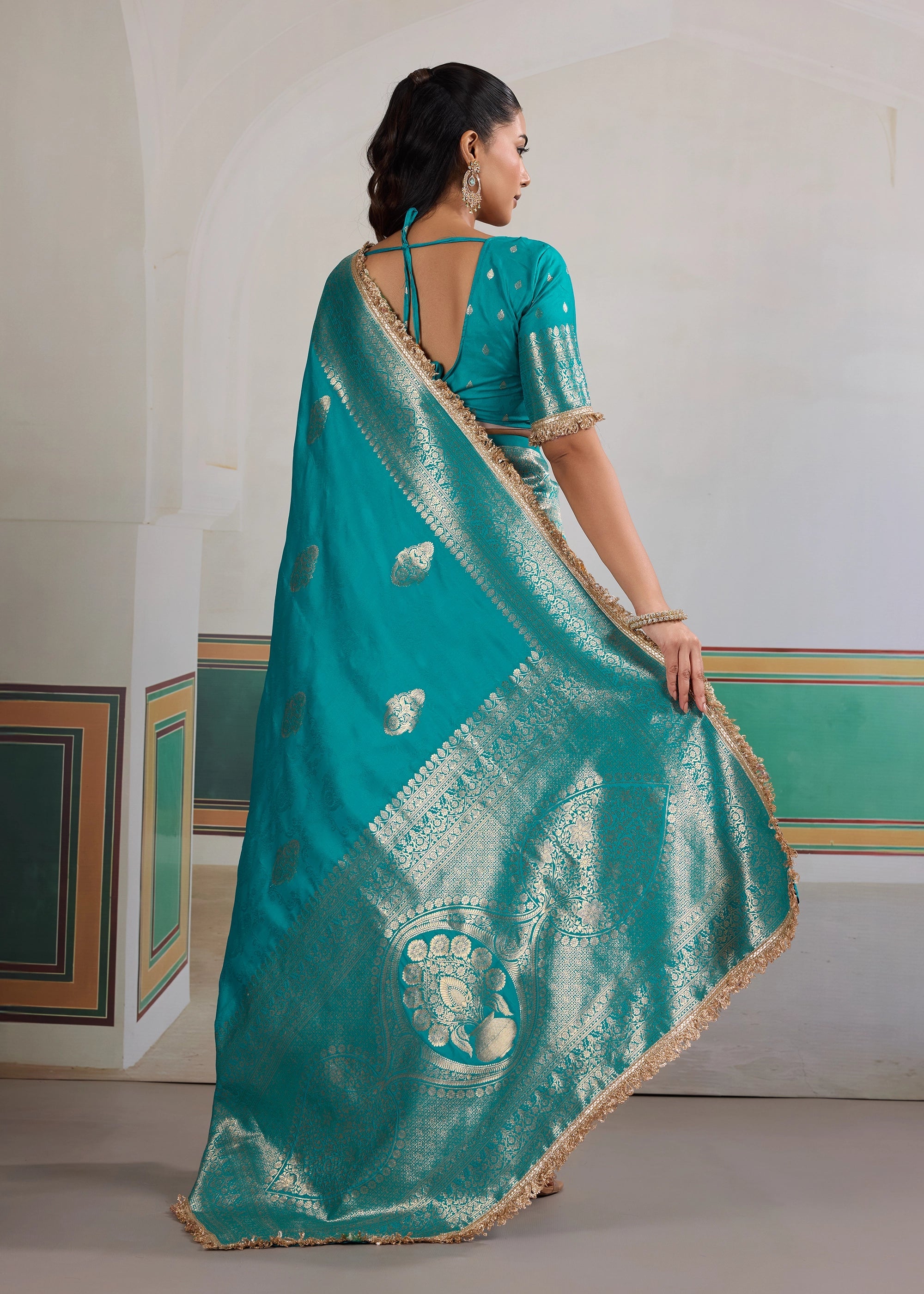 Buy MySilkLove Cyan Bue Woven Banarasi Satin Silk Saree Online