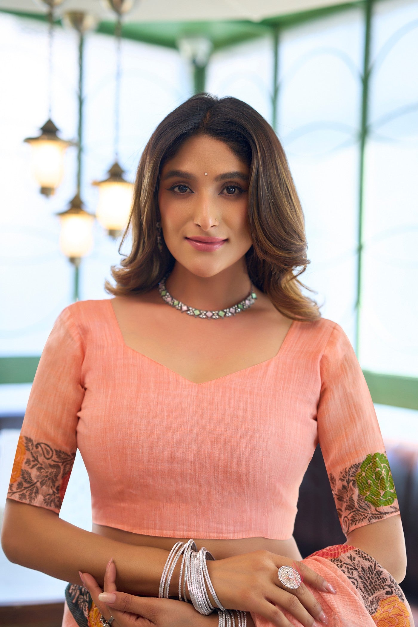 Buy MySilkLove Neon Peach Floral Handloom Linen Saree Online