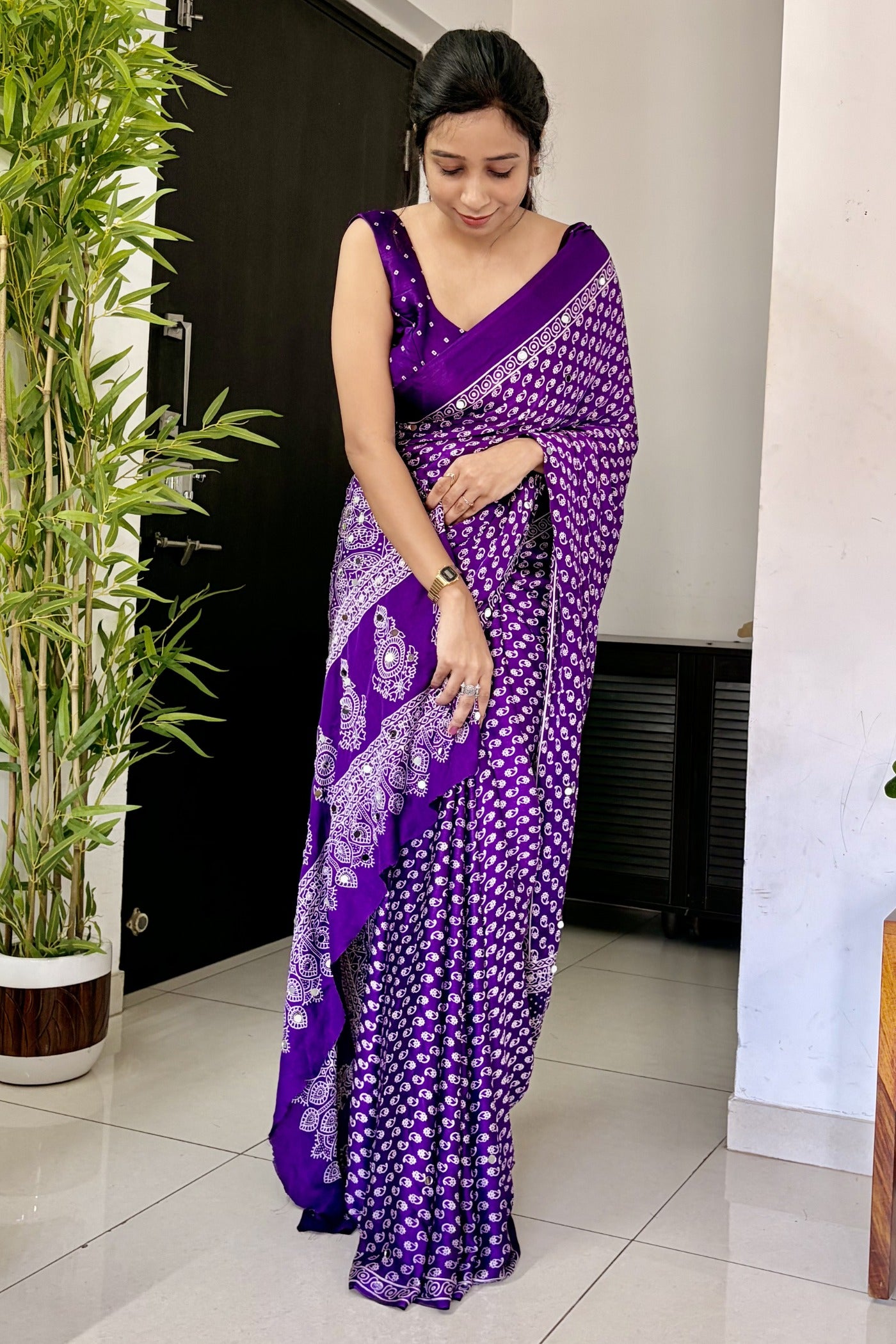 Buy MySilkLove True Purple Modal Ajrakh Satin Printed Mirror Work Saree Online